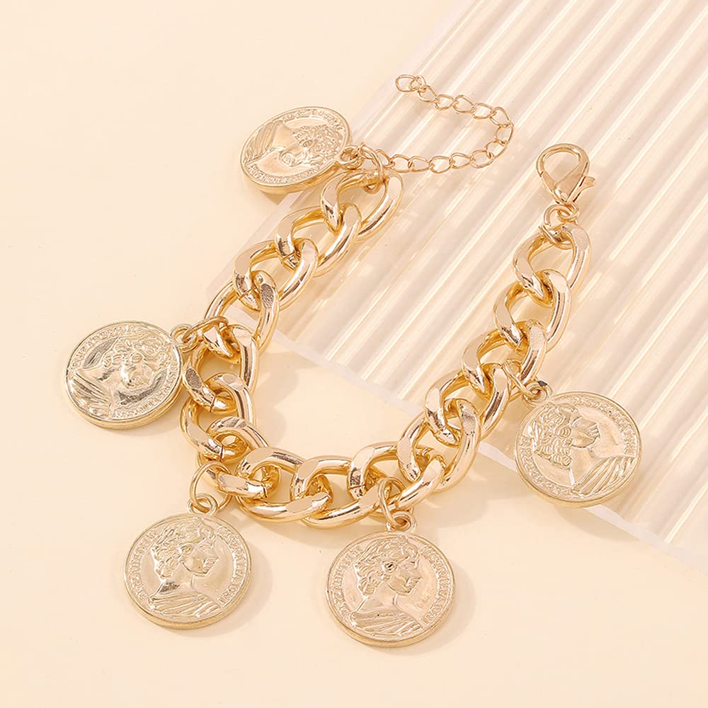 Chunky Chain Bracelet for Women - Punk Cuban Curb Link Bracelet with Golden Coin Charm | Stylish Statement Jewelry for Casual Outfits, Parties & Everyday Wear