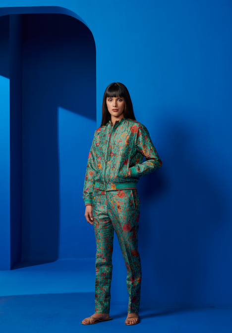 Elegant Boot Cut Trousers in Silk Brocade Aqua - Women's Fashion Pants for Office Wear & Special Occasions