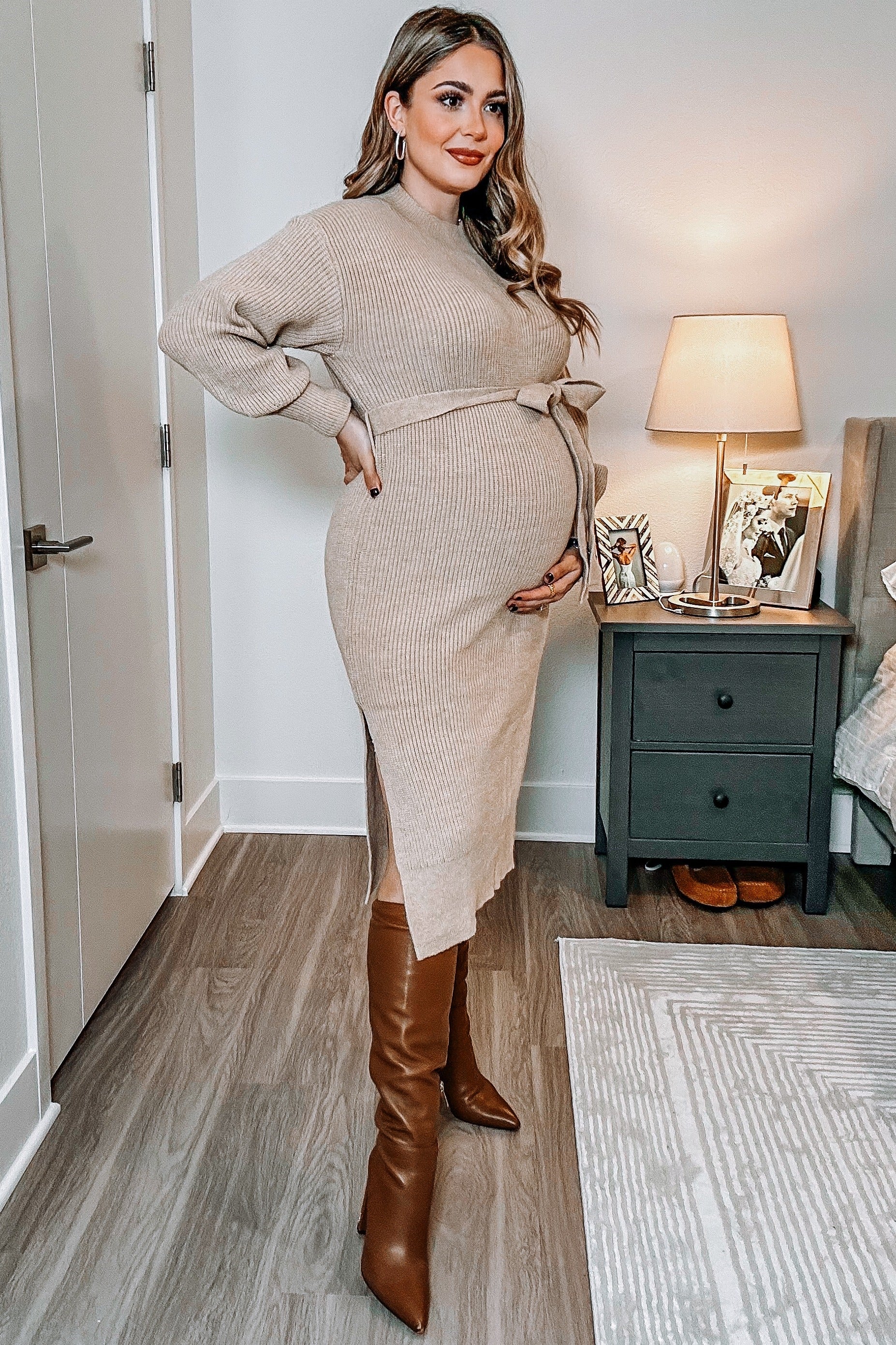 Beige Maternity Sweater Dress with Side Slit - Comfortable Mid-Length Pregnancy Dress for Baby Shower, Maternity Photos & Everyday Wear