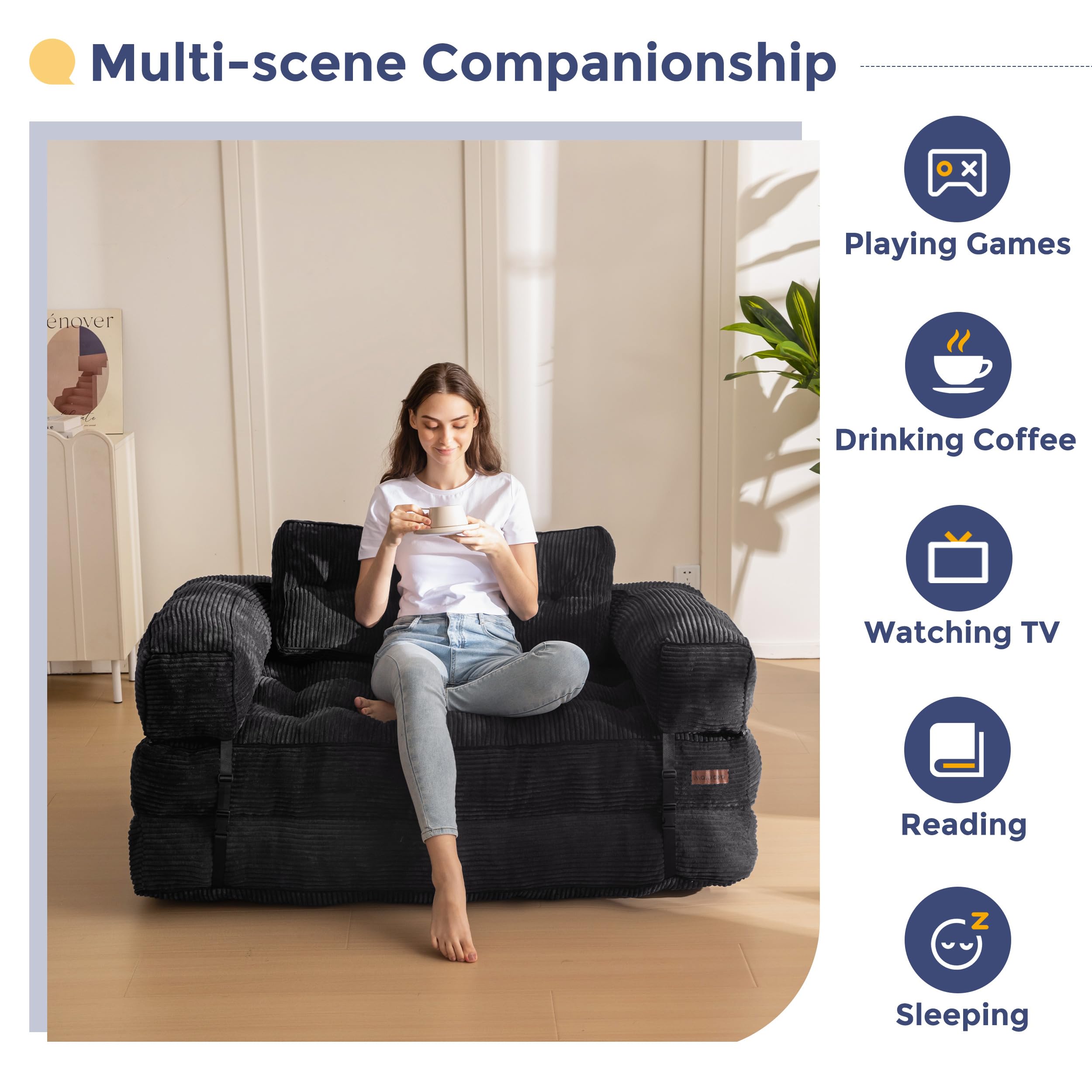 MAXYOYO L-Shaped Folding Sofa Bed - Convertible Sleeper Couch with Armrest & Pillow, Portable Foldable Floor Lounger for Small Spaces - Perfect for Living Room, Bedroom, Guest Room & Studio Apartments - Double Size in Black