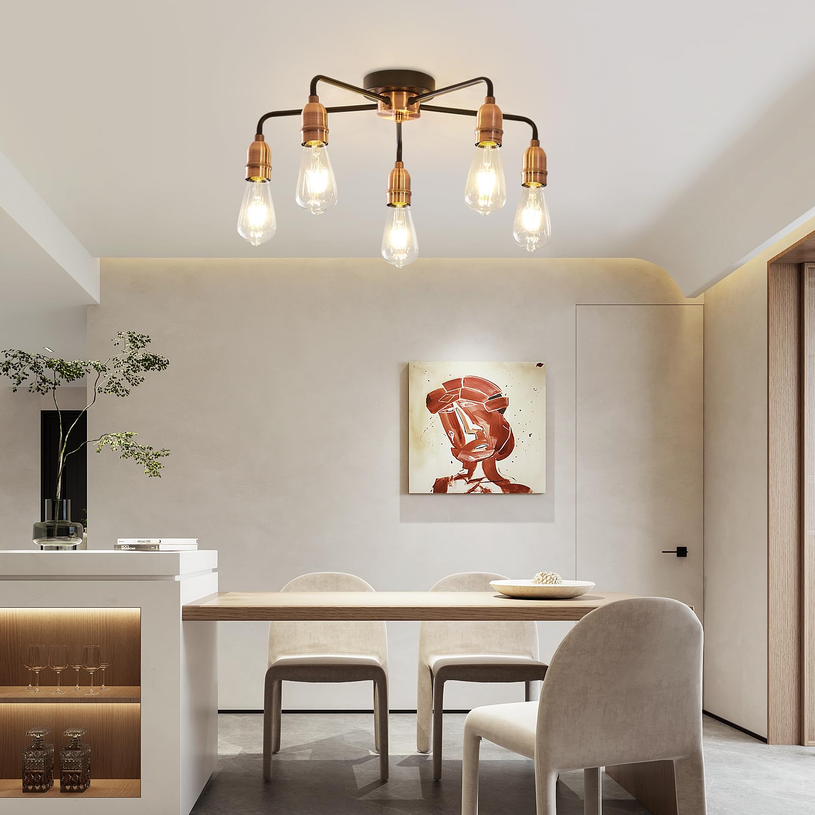HARPER LIVING E27/ES Semi-Flush Ceiling Light Fixture - Black with Matte Silver Finish, LED Compatible for Energy Saving - Perfect for Living Room, Bedroom, Kitchen, Hallway, Hotel & B&B Lighting - 5-Light Modern Ceiling Lamp for Home & Commercial Spaces (Black & Copper)