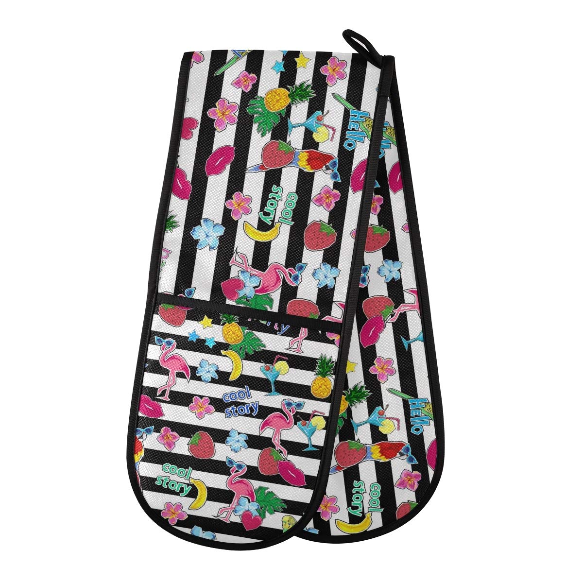 Quilted Double Oven Mitts with Flamingo Pineapple Print - Heat Resistant Cooking Gloves for Baking, Grilling & Kitchen Use - Perfect Gift for Home Chefs