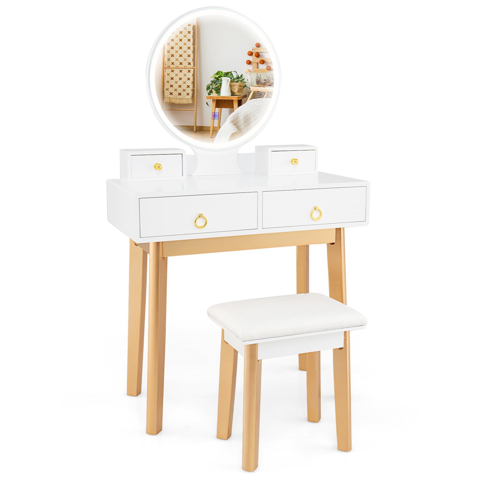Charmaid White Vanity Desk with Mirror & LED Lights - Modern Makeup Dressing Table with 4 Drawers, Adjustable Brightness & 3 Lighting Modes, Includes Vanity Stool - Perfect for Girls' Small Bedroom, Home Makeup Studio & Beauty Corner