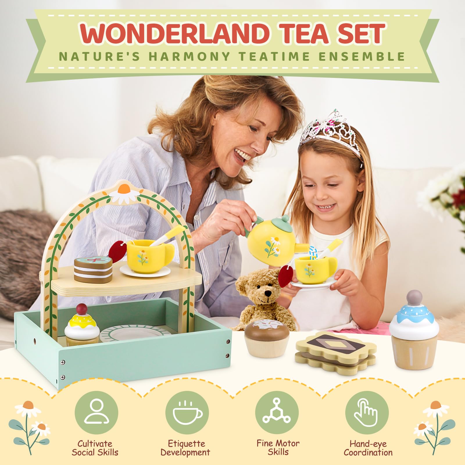 Wooden Tea Set for Kids Ages 1-6 | Pretend Play Kitchen Toy with Play Food & Cake | Princess Themed Toddler Playset for Boys & Girls | Perfect for Birthday Parties, Tea Time Pretend Play & Early Learning