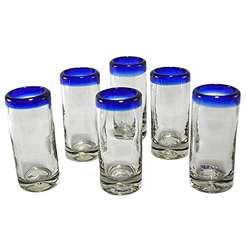 Hand Blown Tequila Shot Glasses Set of 6 - Artisan Crafted in Mexico - 2oz Cobalt Blue Rim Glassware for Parties, Bars & Home Decor