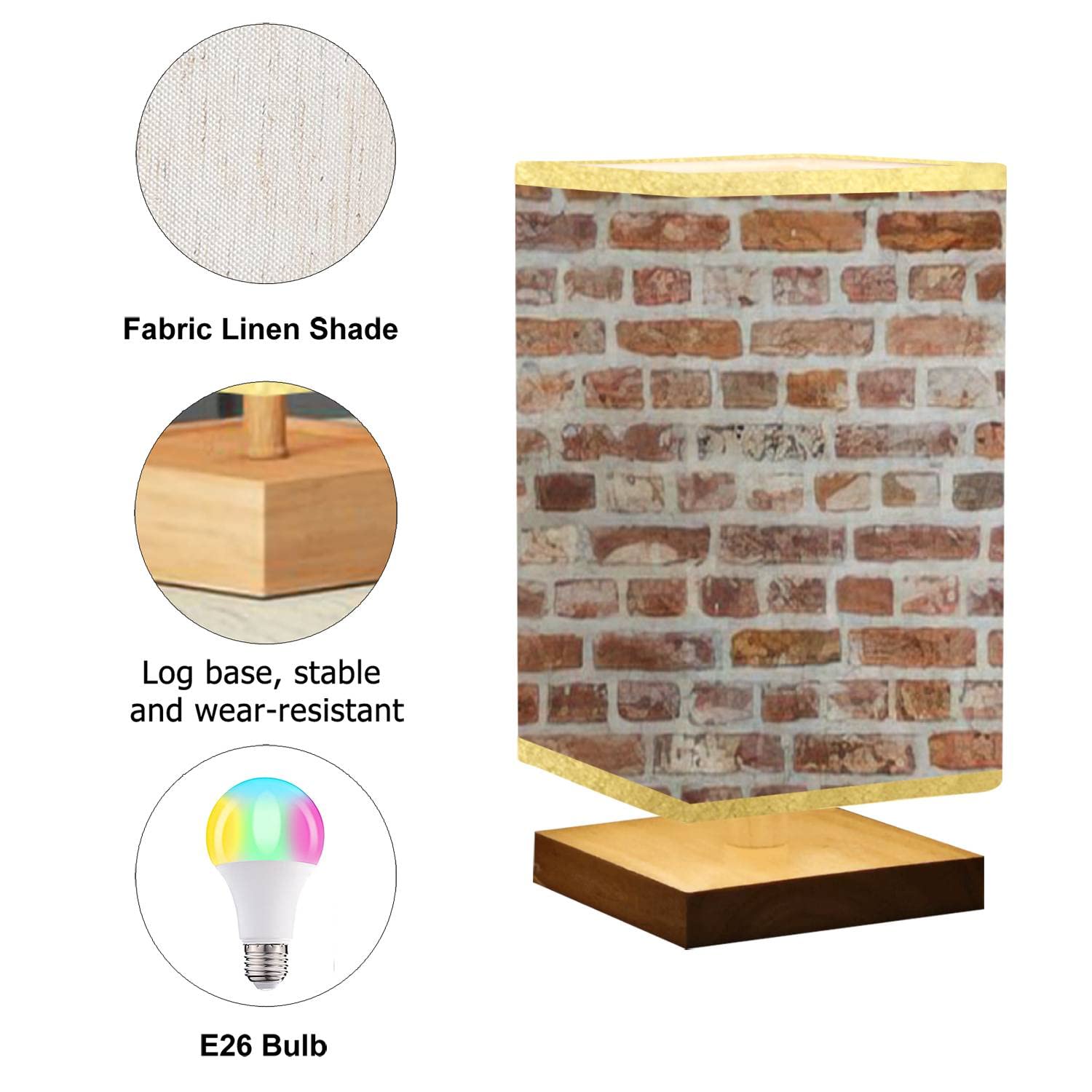 Vintage Red Brick Wall Square Bedside Table Lamp with Wooden Base & Flaxen Fabric Shade - Dimmable Nightstand Lamp for Bedroom, Living Room, Office - Perfect for Reading, Relaxing & Creating Cozy Ambiance
