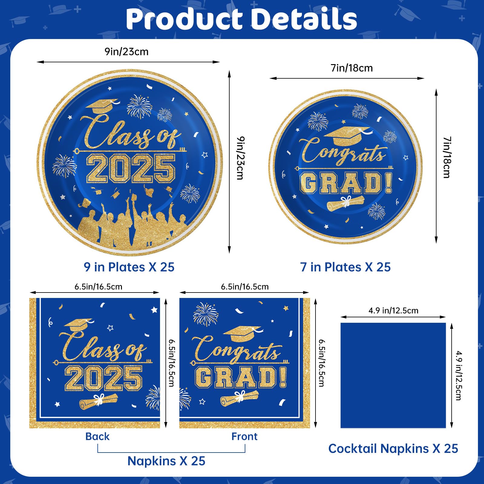 2025 Graduation Party Supplies - Class of 2025 Blue & Gold Disposable Paper Plates & Cocktail Napkins Set (Serves 25) - Perfect for Graduation Decorations, Celebrations & Commencement Parties