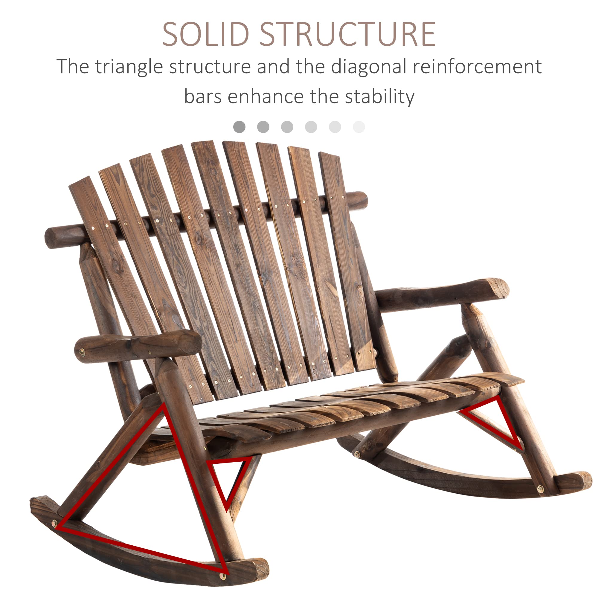 Outsunny Double-Person Outdoor Wooden Rocking Chair - Rustic High Back Adirondack Patio Chair with Slatted Seat & Backrest - Perfect for Backyard, Garden, Porch & Indoor Relaxation - Carbonized Finish for Durability