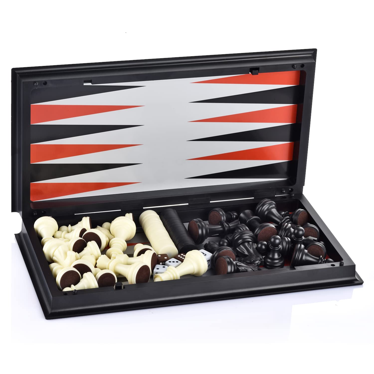 3-in-1 Magnetic Chess, Checkers & Backgammon Set - Portable Folding Board Game for Kids & Adults (Black & White Chess Pieces) - Perfect for Travel, Family Game Nights & Indoor Entertainment