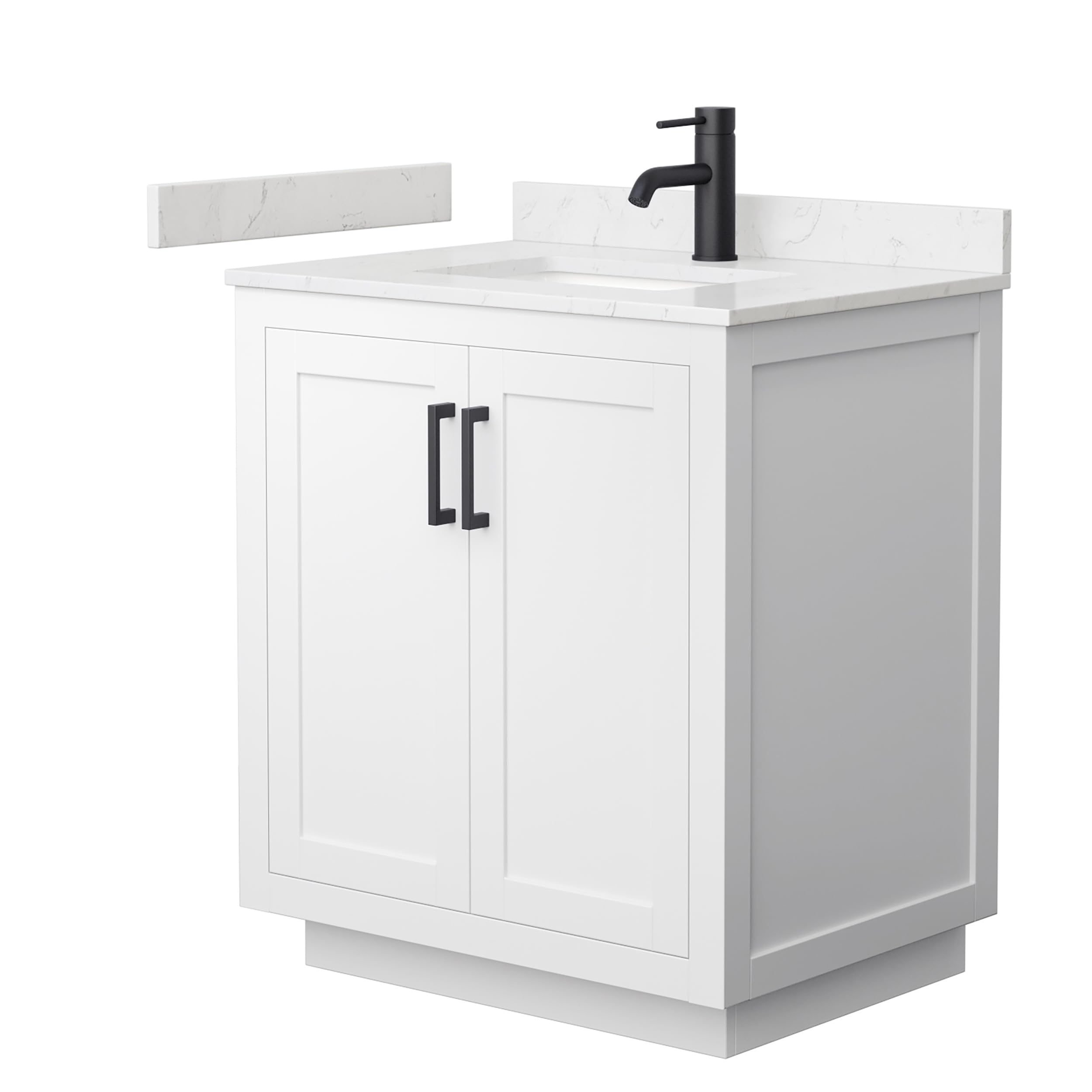 Wyndham Collection Miranda 30 Inch White Bathroom Vanity with Light-Vein Carrara Cultured Marble Countertop & Undermount Square Sink - Matte Black Trim for Modern Bathroom Renovation & Home Upgrade