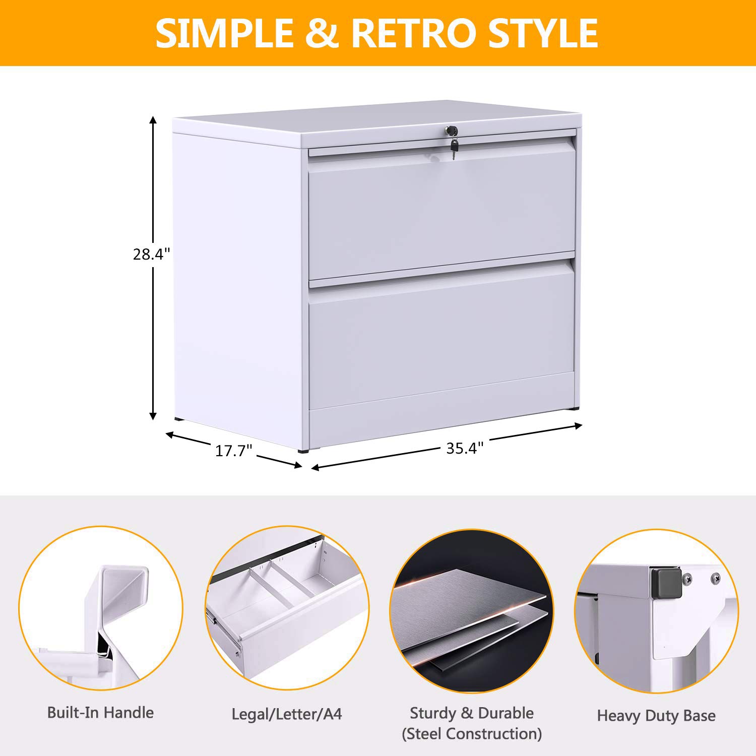 Heavy Duty 2-Drawer Lockable Metal Lateral File Cabinet for Home Office - Secure Document Storage, White | Perfect for Organizing Files, Bills & Office Supplies