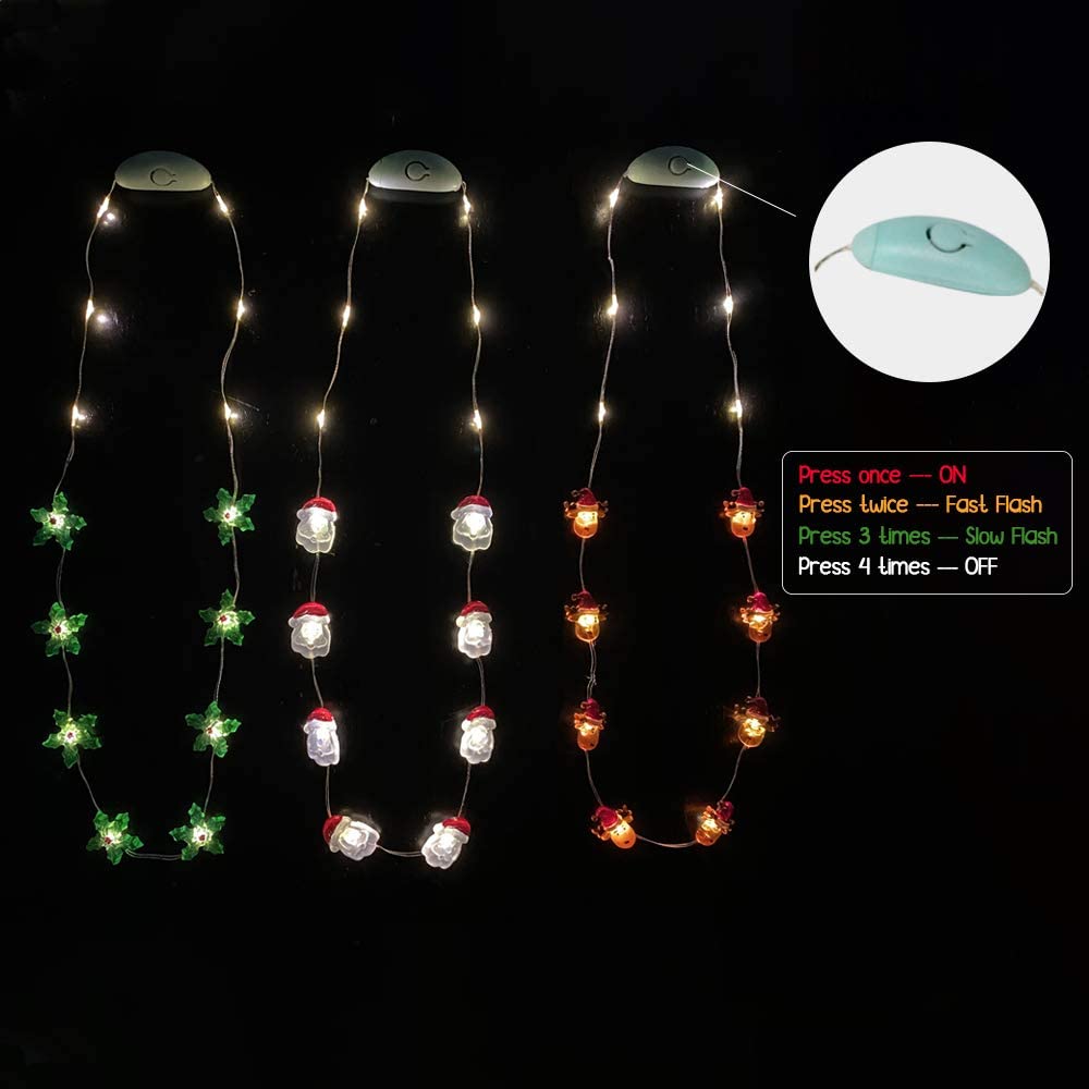 JASHIKA Christmas Party LED Necklace - Reindeer & Santa Clause Design with Green Leaves & Crystal String Lights - Perfect for Holiday Parties, Festive Decor & Gift Giving