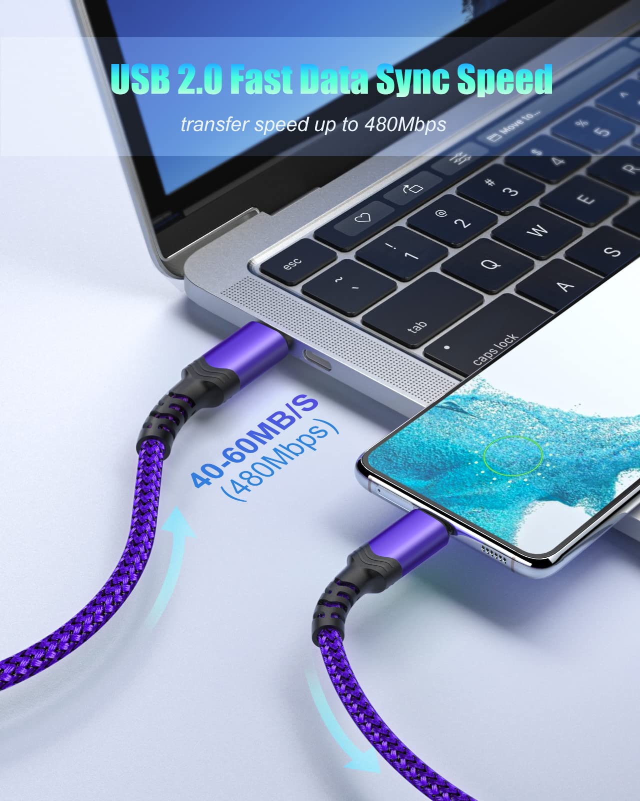 10ft 2-Pack USB C to USB C Cable Fast Charging 60W/3A - Compatible with Galaxy S24/S23/S22 Ultra/S21, iPhone 16/15 Pro Max, iPad Pro/Air5, Pixel 7 - Purple & Green for Home, Office, Travel Charging