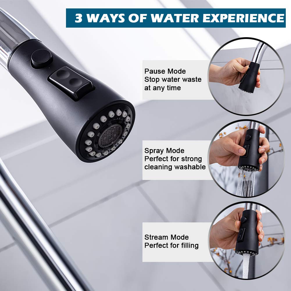 Premium Black & Chrome Pull Down Kitchen Faucet with Sprayer - Stainless Steel Single Handle Sink Faucet for 1 or 3 Hole Installation - Includes 1/2