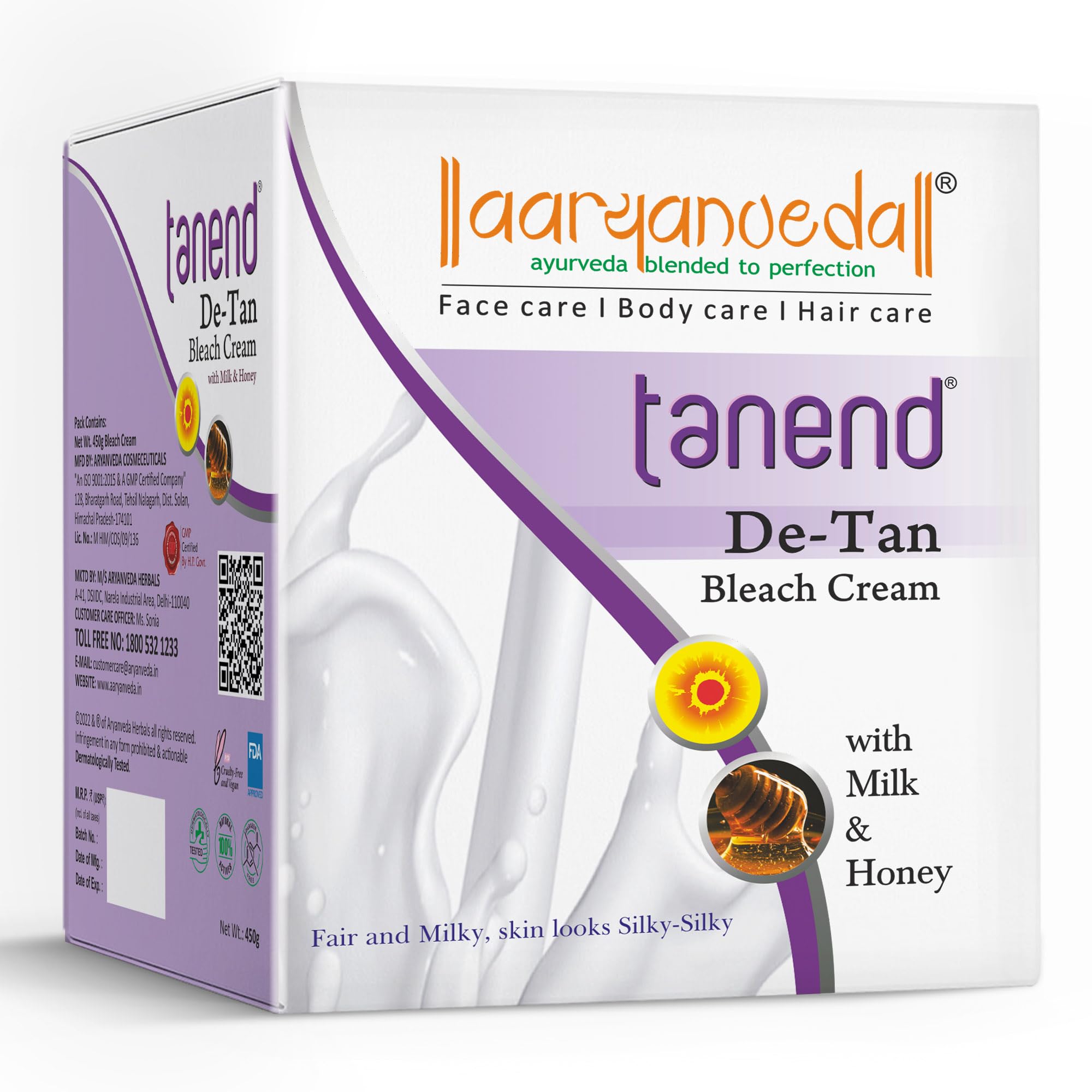 Aryanveda De-Tan Bleach Cream with Milk & Honey - Brightens Skin, Removes Sun Tan & Dark Spots, Tightens Pores for Smooth Glowing Skin - Face & Body Care for Men & Women (450g) - Perfect for Post-Sun Exposure & Daily Skin Brightening Routine