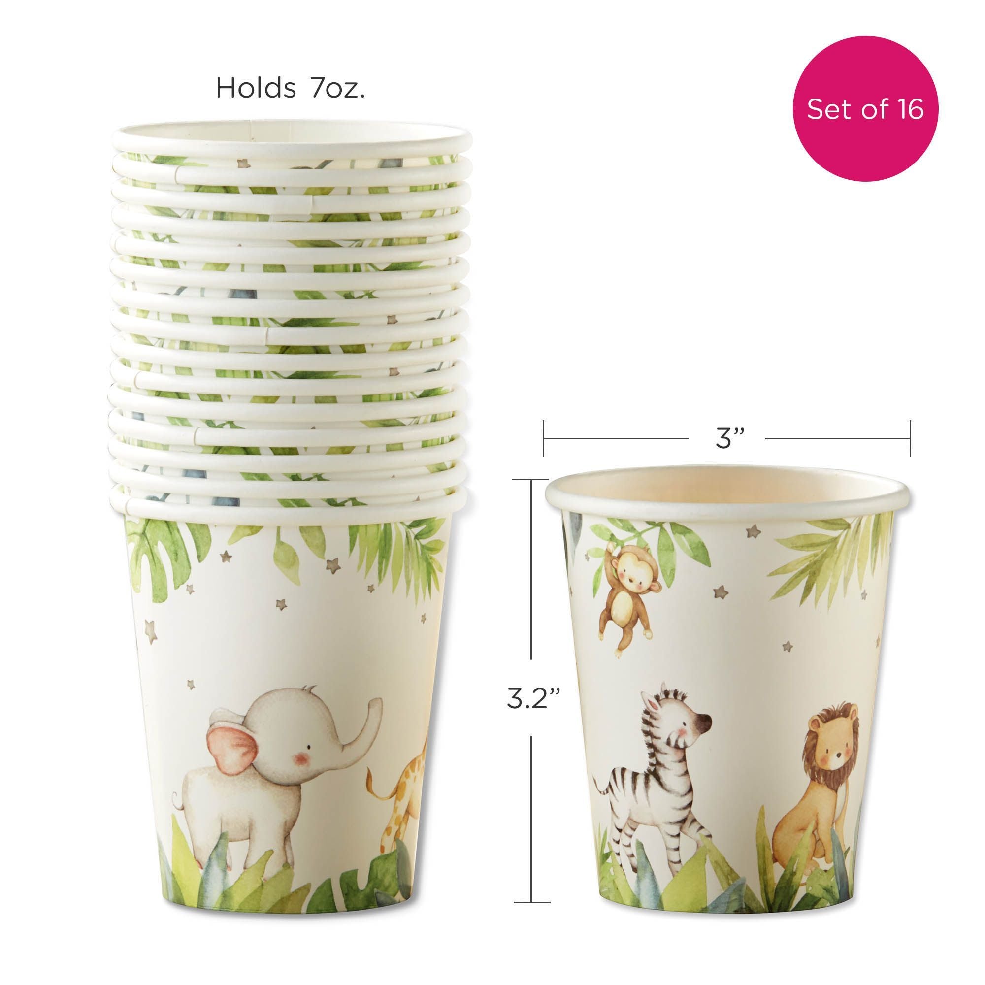 Safari Baby 7 oz. Disposable Paper Cups - Pack of 16 - Animal Print Party Cups for Kids Birthday, Baby Shower & Picnic Supplies