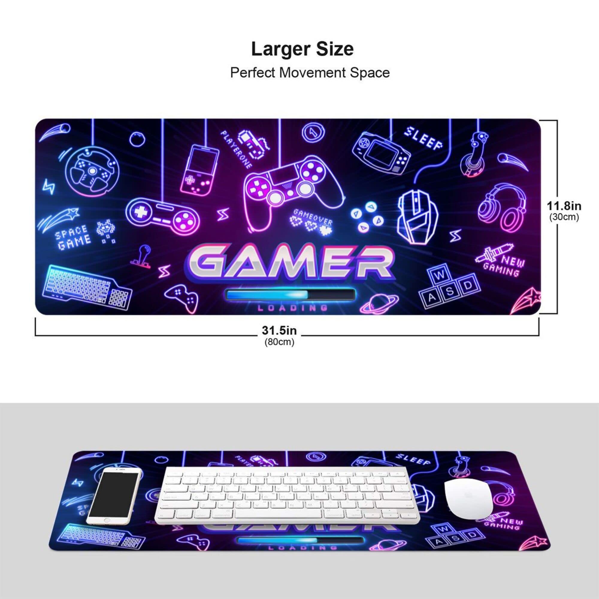 Large Extended Gaming Mouse Pad 31.5x11.8 Inches - Non-Slip Rubber Base with Stitched Edges, Waterproof Keyboard Mouse Mat - Colorful Gaming Theme Desk Pad for PC, Laptop, Work & Office Use - Perfect for Gamers, Programmers & Home Office Setup