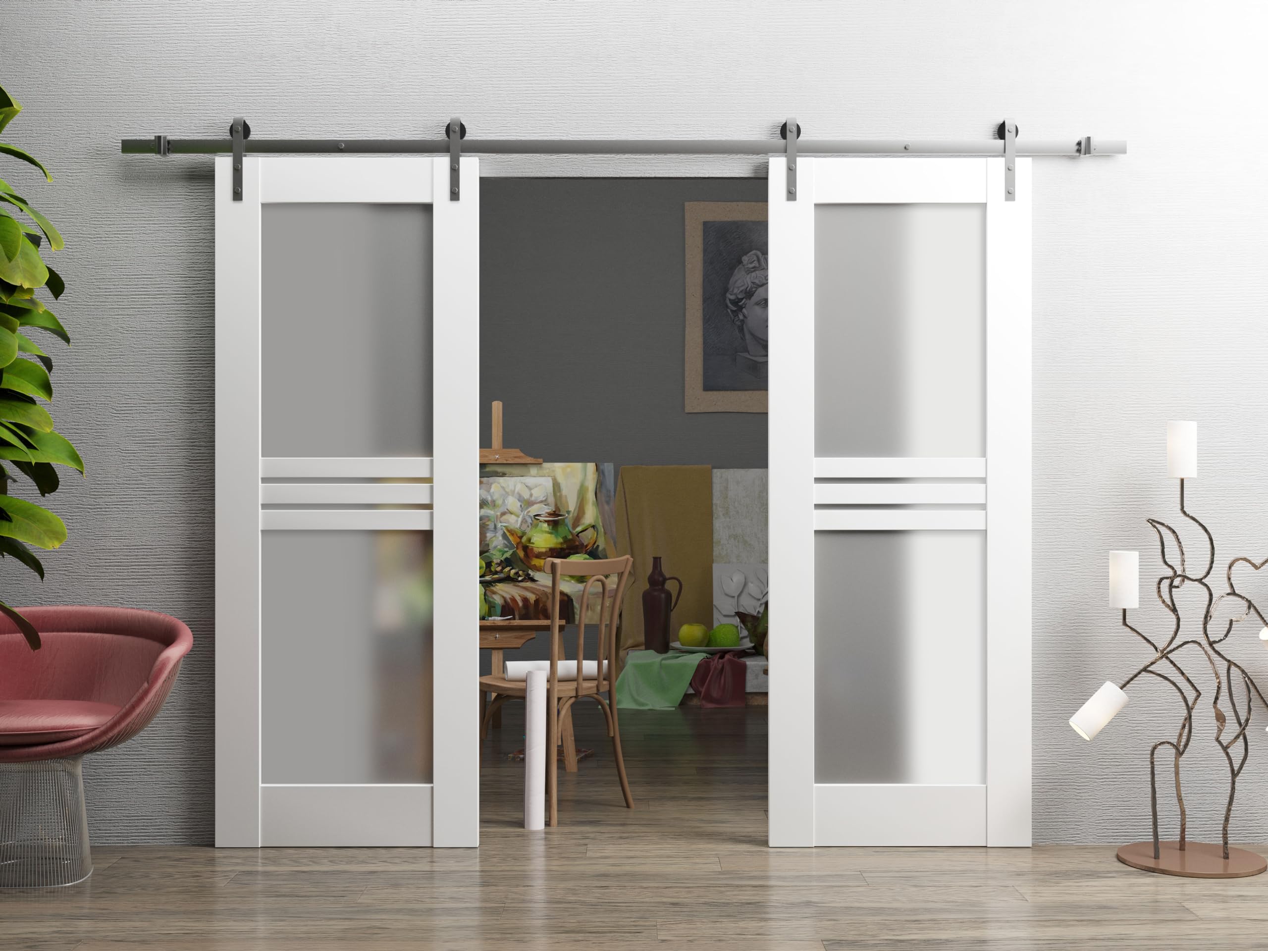 Modern 64x80 Inch Double Barn Door with Opaque Glass - 4 Lites White Silk/Stainless Steel Design - 13FT Rail Track Set for Solid Panel Interior Doors - Perfect for Bedroom, Closet & Home Office Privacy