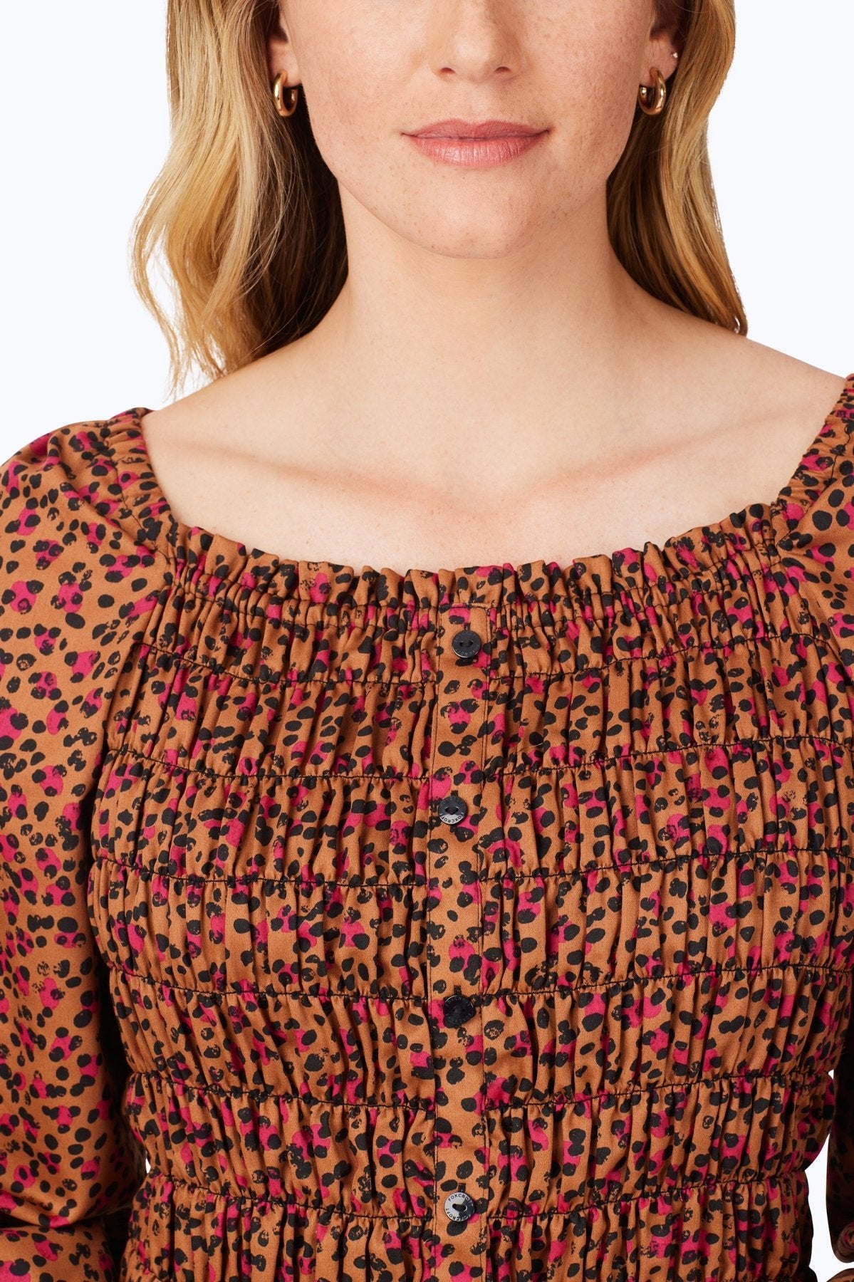 Stylish Smocked Wild Cheetah Print Long Sleeve Blouse for Women - Perfect for Office Wear, Date Nights & Casual Outings