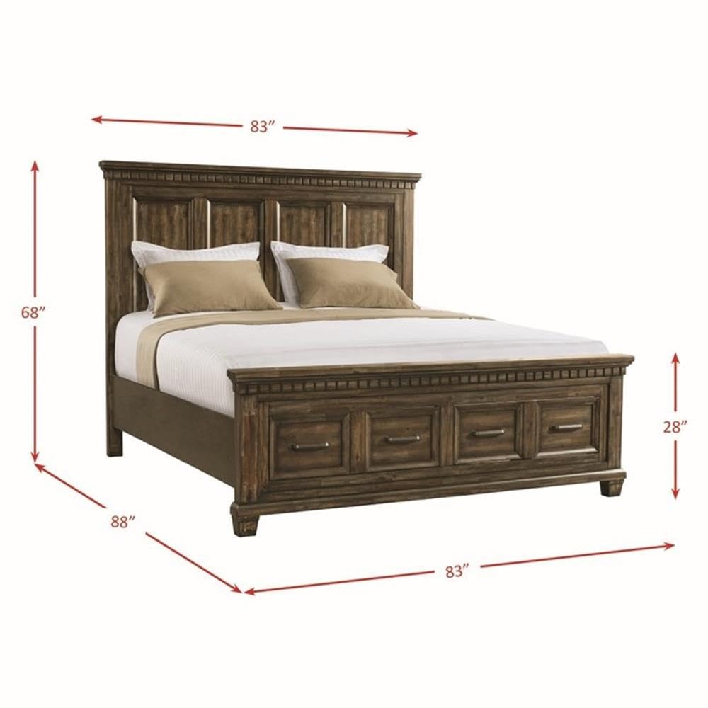 Picket House Furnishings Johnny King Walnut Storage Panel Bed - Queen Size Platform Bed Frame with Underbed Storage Drawers for Small Space Bedroom