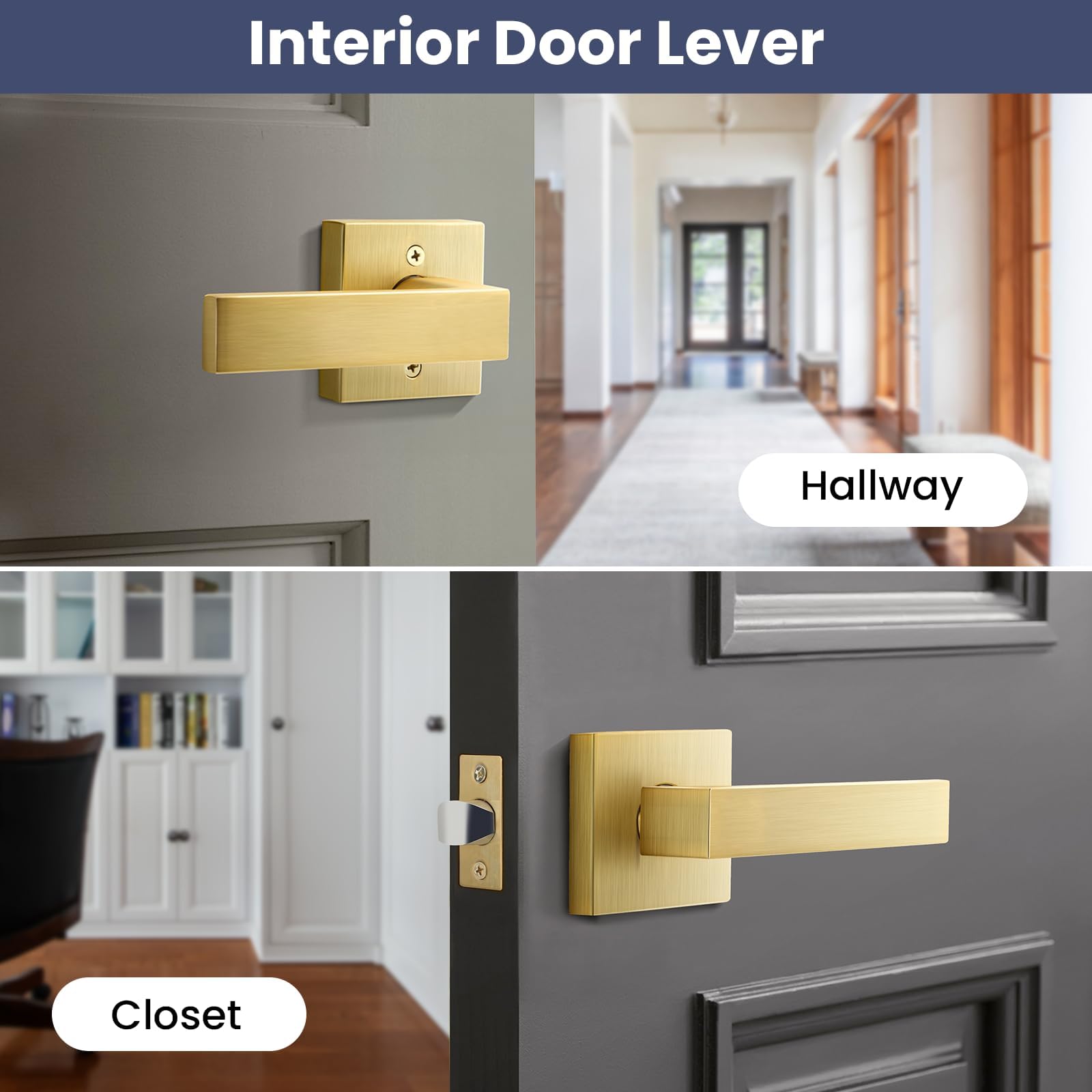 EHOMEWARE 6 Pack Keyless Door Handle Set - Satin Brass Finish Passage Door Lever for Hall, Closet & Interior Doors | Easy Installation for Bedroom, Bathroom & Office Spaces