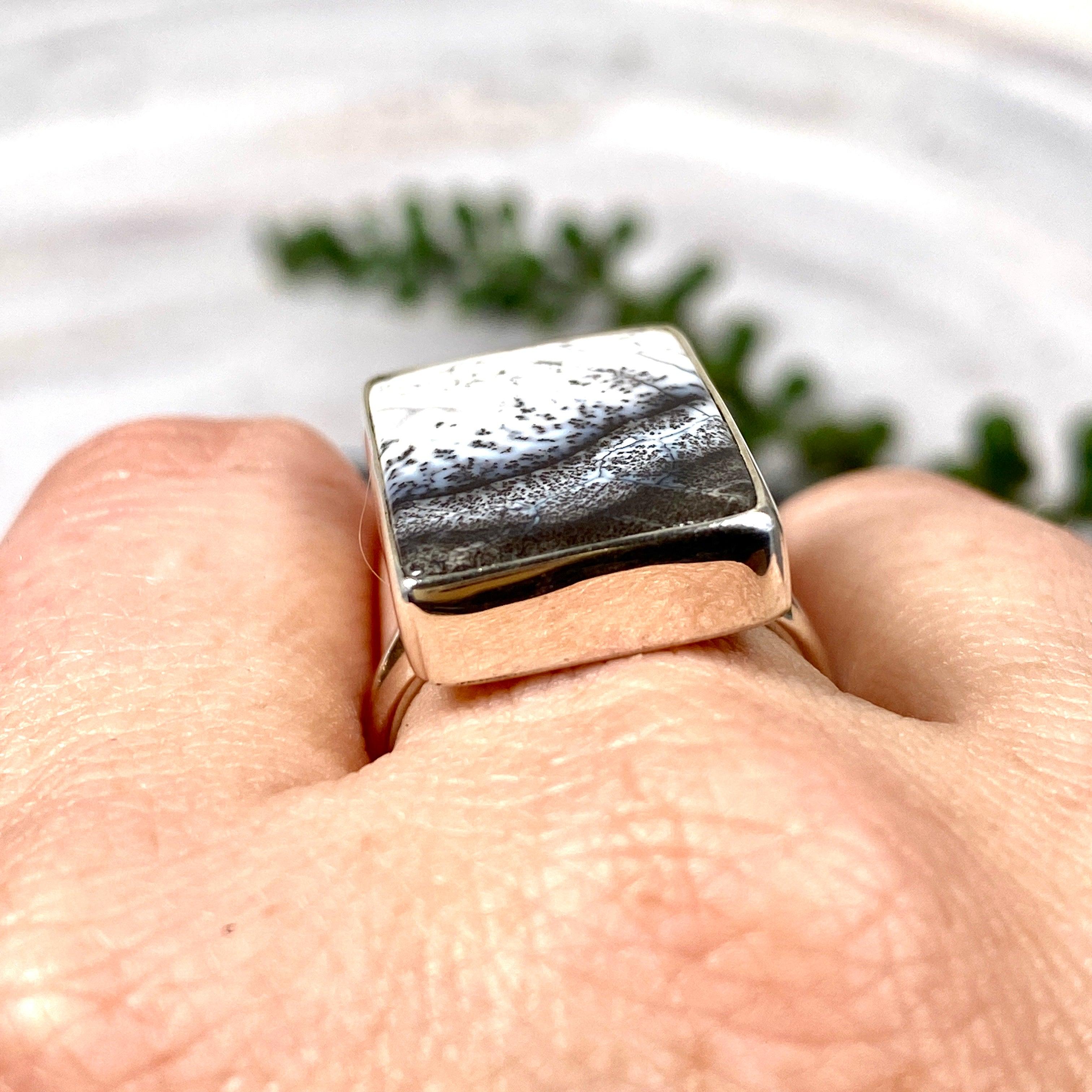 Dendritic Opal Rectangular Ring Size 9 KRGJ2293 - Elegant Handmade Jewelry for Women, Perfect for Weddings, Parties & Special Occasions