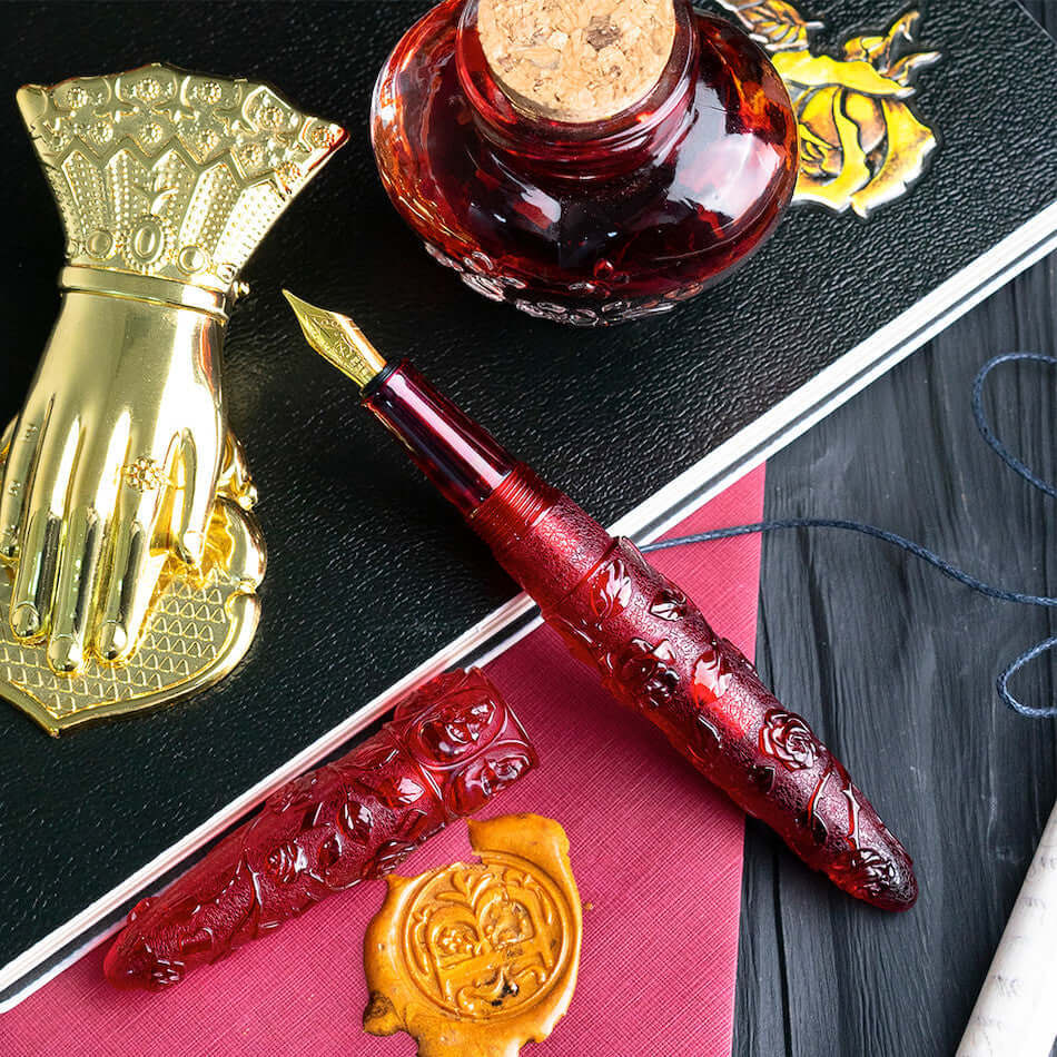 Benu Skull & Roses Fountain Pen - Elegant Red Rose Design for Writing, Calligraphy & Gift Giving - Perfect for Professionals, Students & Collectors