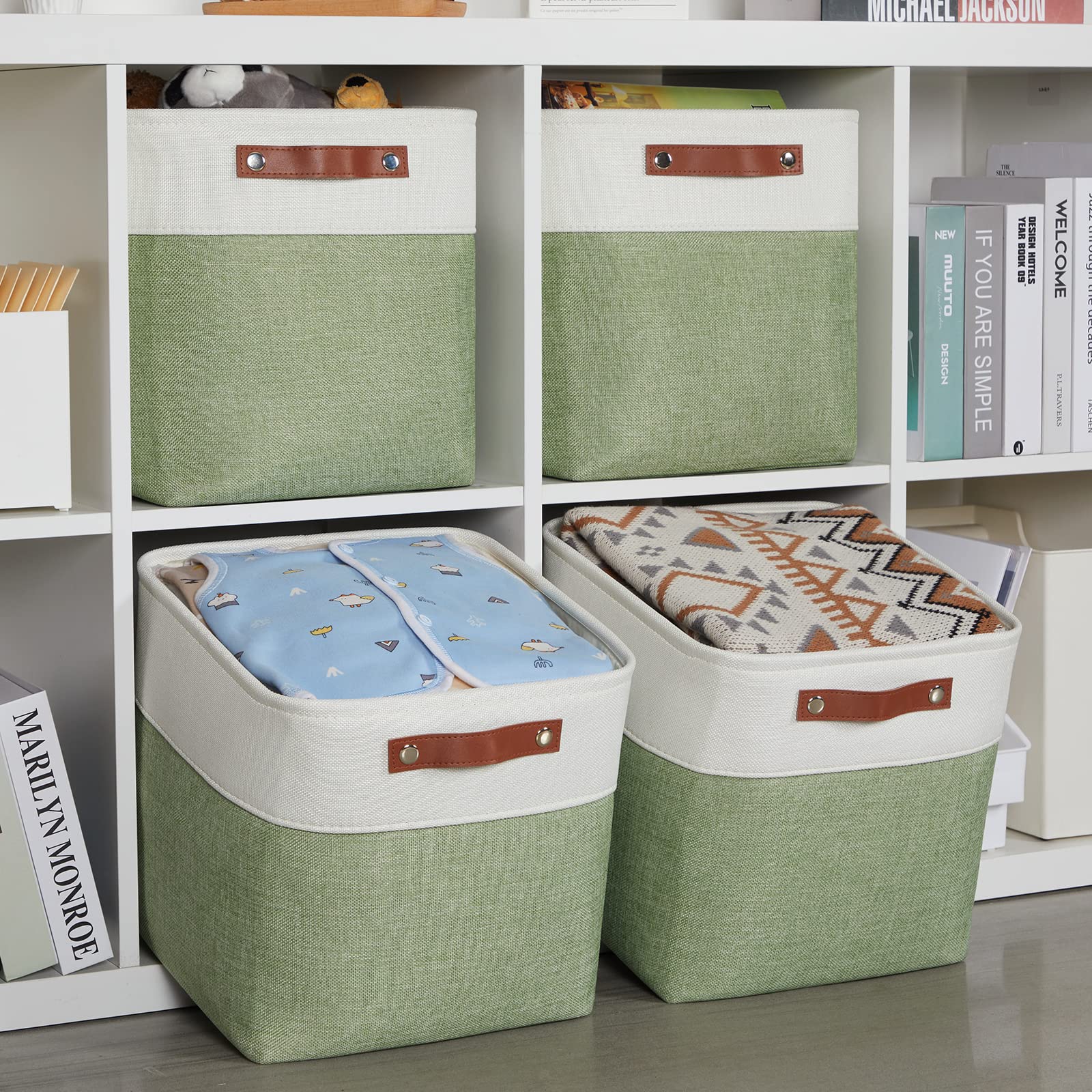 HNZIGE 4-Pack Fabric Storage Cubes - 12x12 Inch Decorative Organizer Bins for Shelves, Kids Toys, Pet Supplies | Versatile Home & Office Storage Solutions (Green & White)