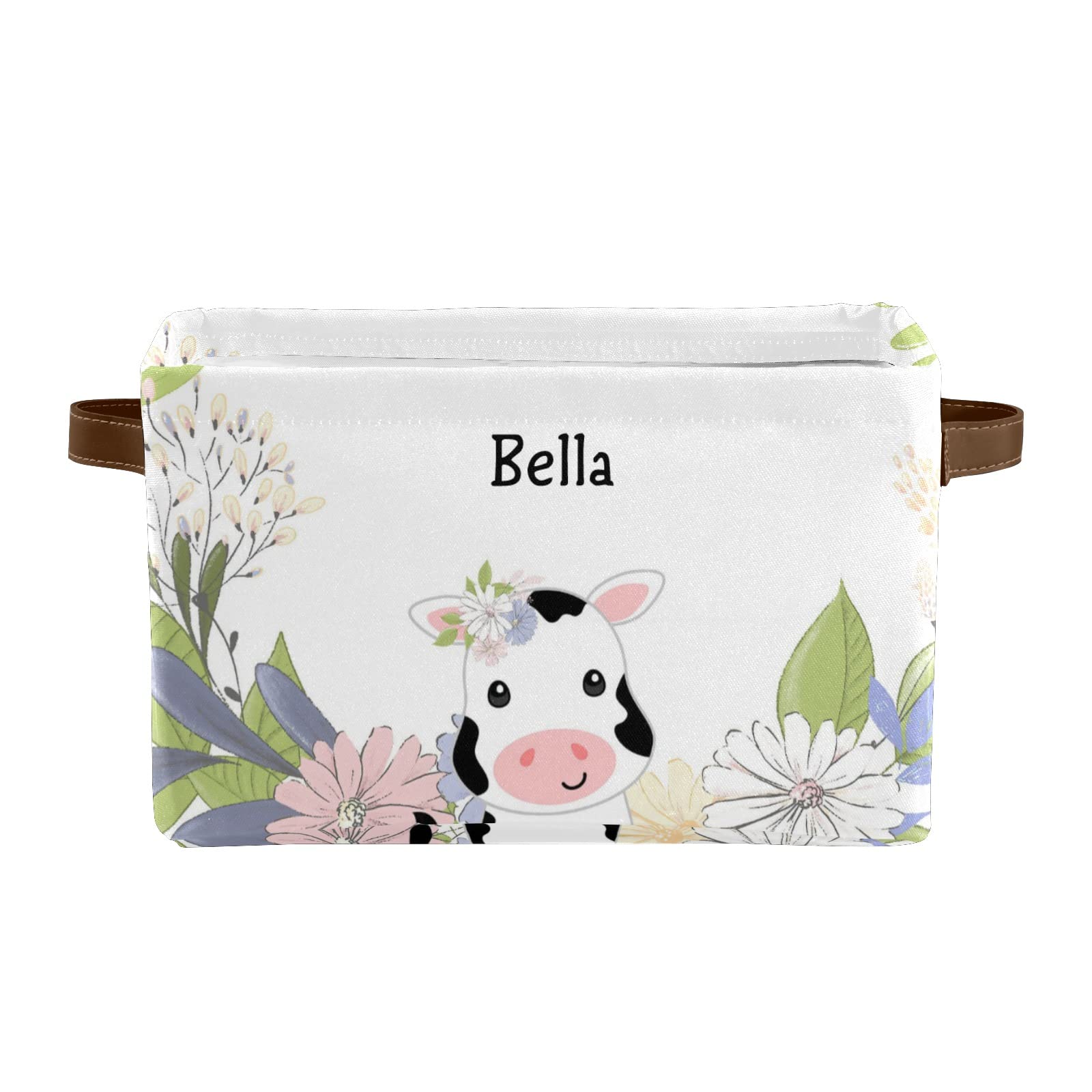 Personalized Floral Cute Cow Storage Basket with Custom Name - Rectangular Home and Kitchen Organizer Bin for Toys, Blankets, Laundry (Set of 4) - Perfect for Nursery, Bedroom, and Living Room Storage Solutions