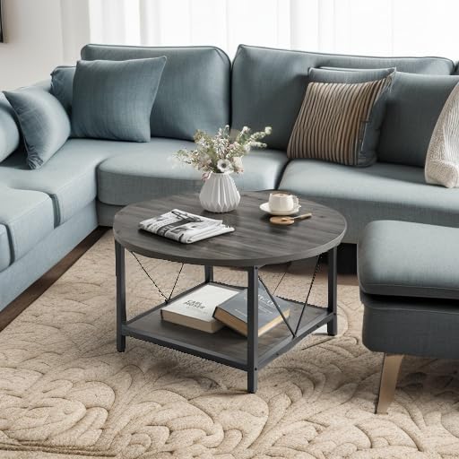 YITAHOME Round Coffee Table with Storage Shelf - Rustic Wood Modern Farmhouse Center Table with Sturdy Metal Legs for Living Room, Grey | Perfect for Small Spaces, Coffee Time & Family Gatherings