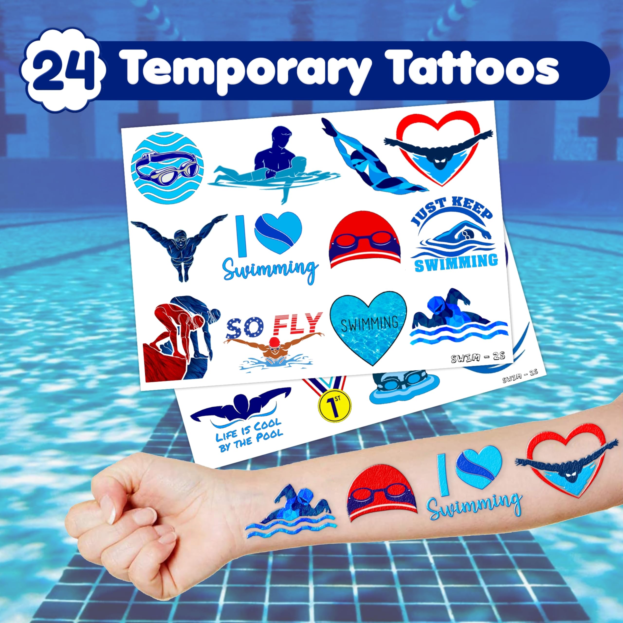 48PCS Waterproof Temporary Tattoos & Slap Bracelets Set - Fun Swimming Party Supplies for Kids, Perfect for Pool Parties, Birthday Gifts, Baby Showers & Classroom Rewards (24 Tattoos + 24 Bracelets) - Great Decorations for Boys and Girls