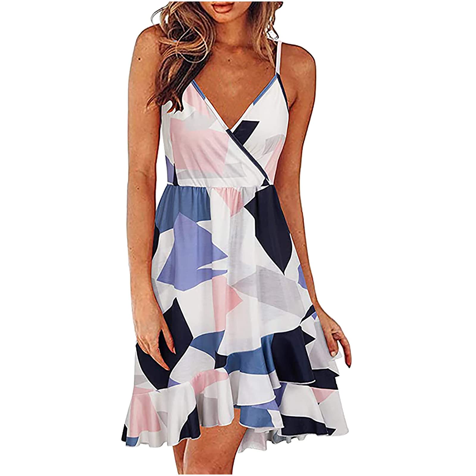 Women's Casual Solid Short Summer Dress - V-Neck Sleeveless Ruffle Cocktail Dress for Wedding Guest, Beach Party & Night Out