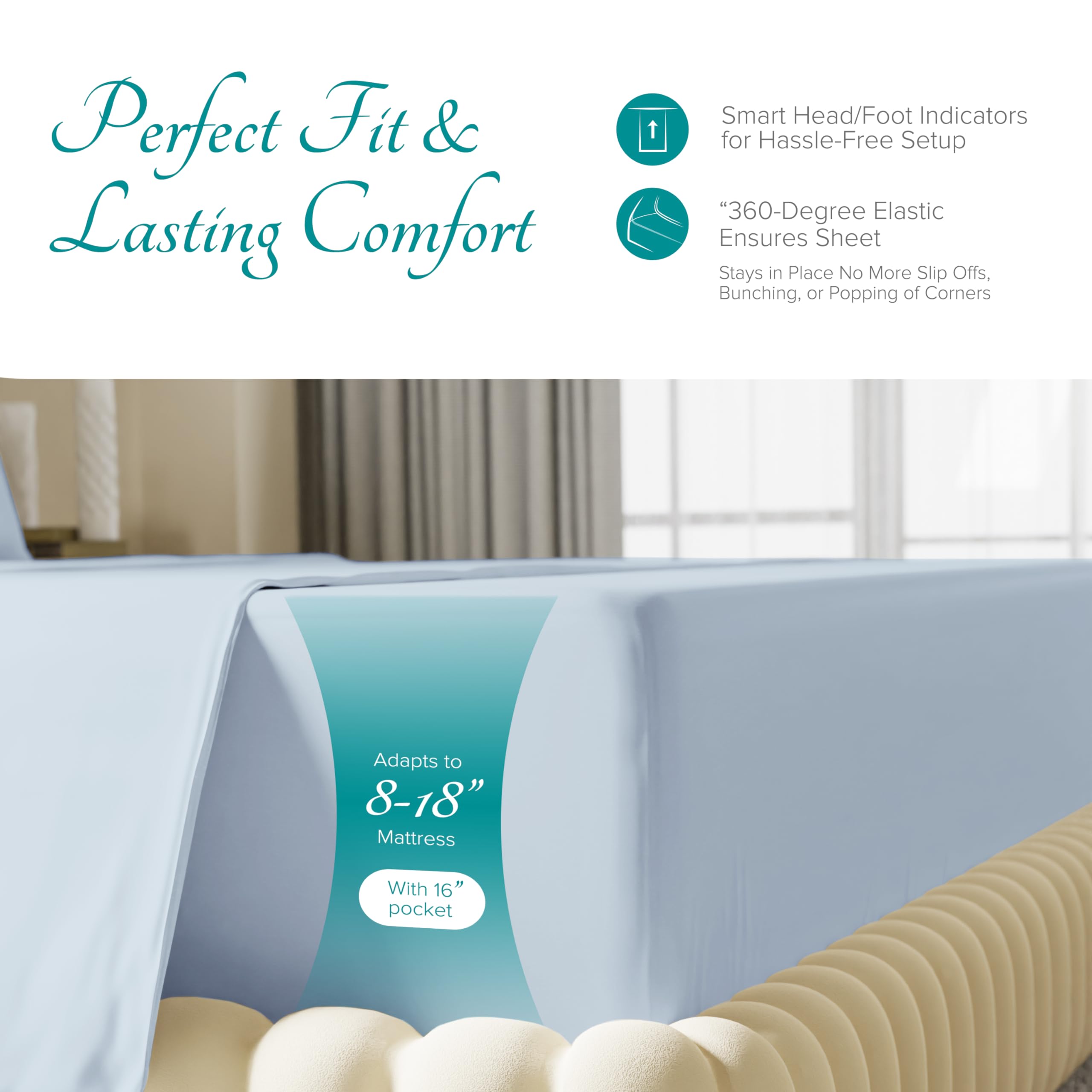 Luxury 100% Egyptian Cotton Queen Sheet Set - 4 PC 800 Thread Count Sateen Weave Bedding, Soft & Cooling Light Blue Sheets with 16