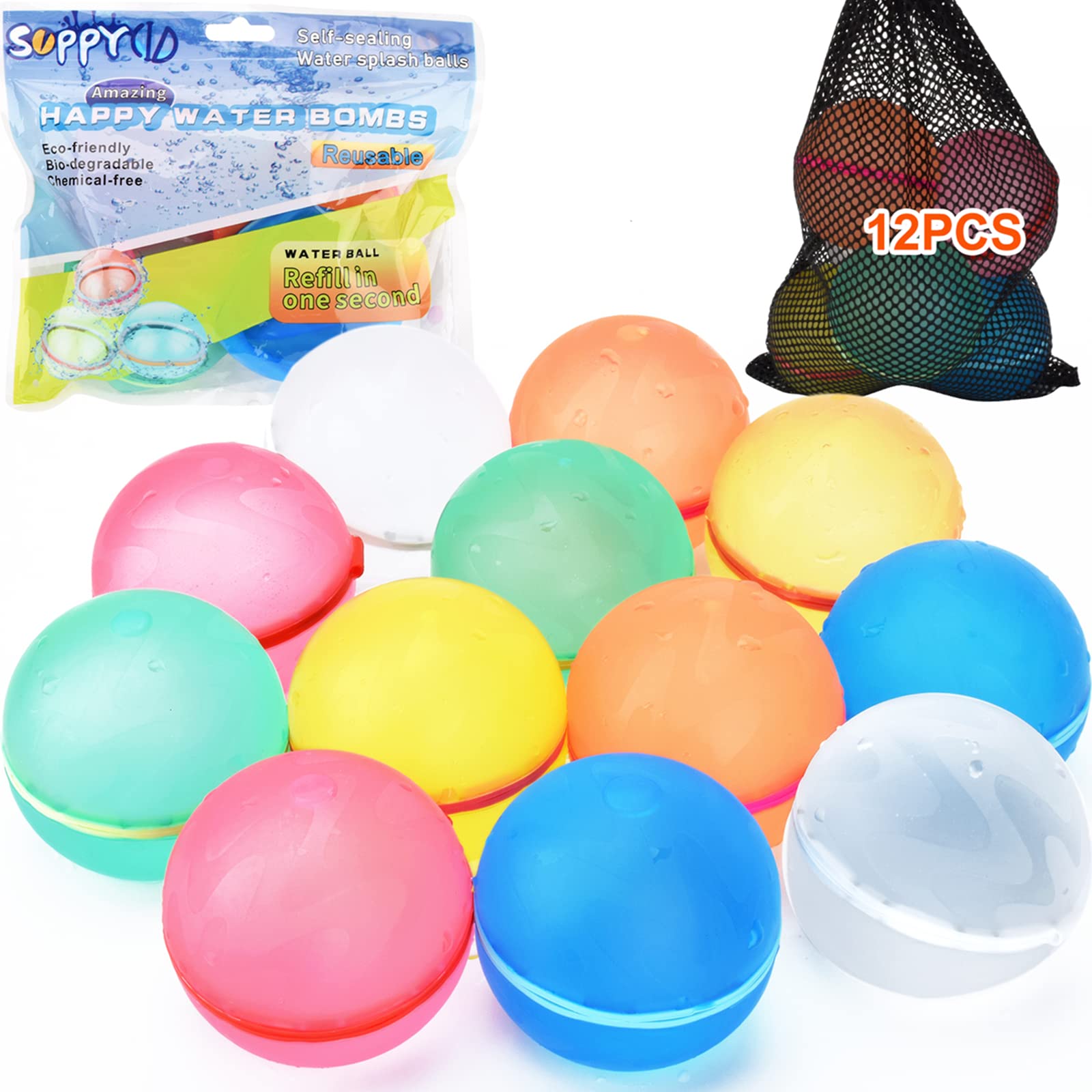 12 Pack Reusable Water Balloons - Quick Fill Self-Sealing Water Bombs for Kids Outdoor Play | Summer Water Toys for Boys & Girls Ages 3+ | Perfect for Pool Parties, Backyard Water Fights & Beach Activities