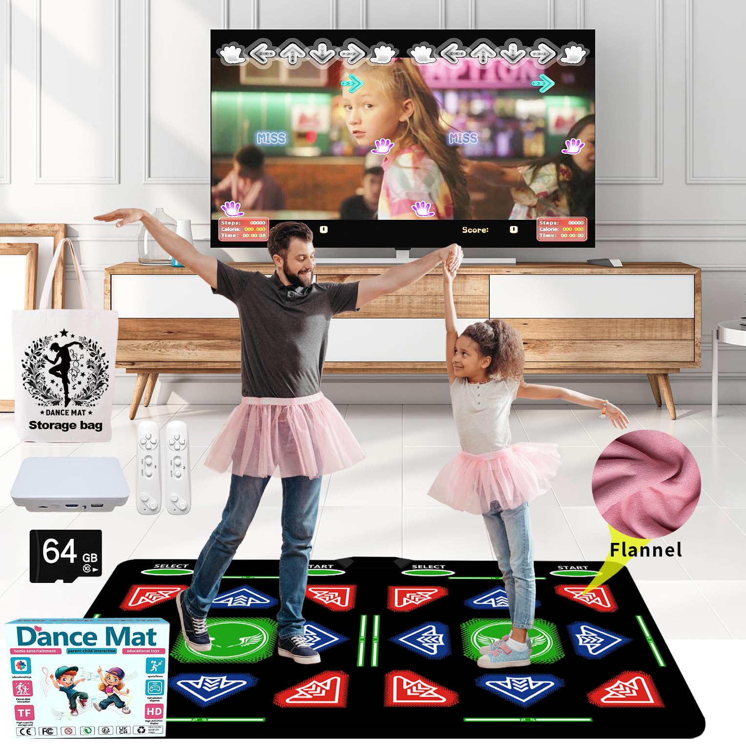 Kids & Adults Music Dance Mat with 64GB Memory Card - Fitness Dance Game Mat with MV/3D/Cartoon Modes, 1000 Games & 81 MV Videos for HDMI TV - Flannel Material for Seniors & Family Fun | Perfect for Home Workouts, Parties & Interactive Family Game Nights