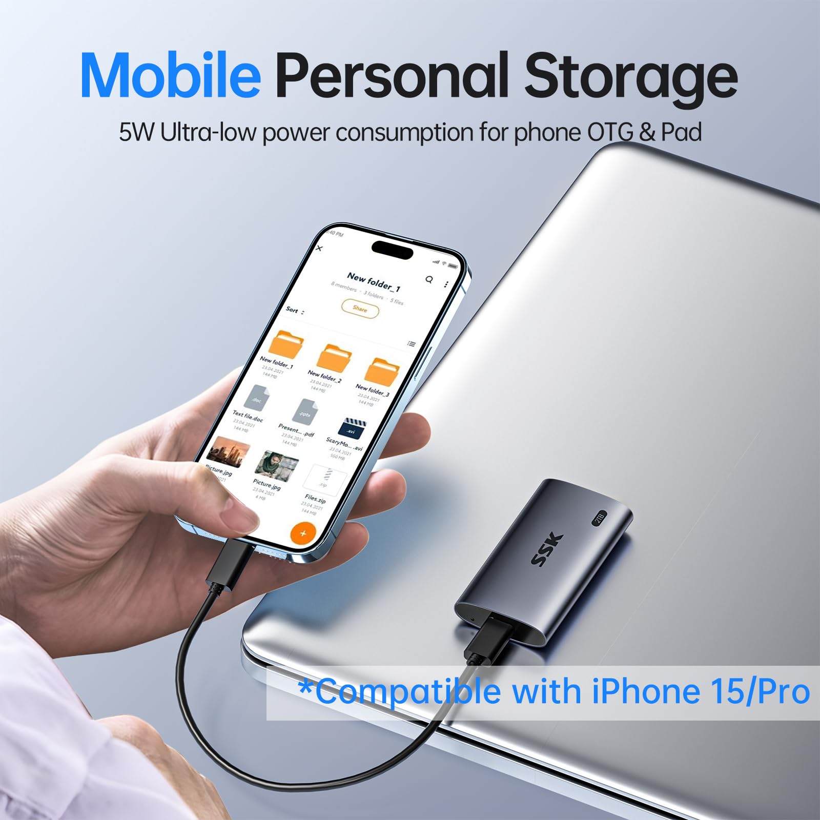 SSK 2TB Portable External SSD - 2000MB/s USB 3.2 Gen2x2 NVMe Hard Drive for MacBook Pro, iPhone 15, Laptops | Ultra-Low Power | Perfect for Gaming, 4K Video Editing & Data Backup