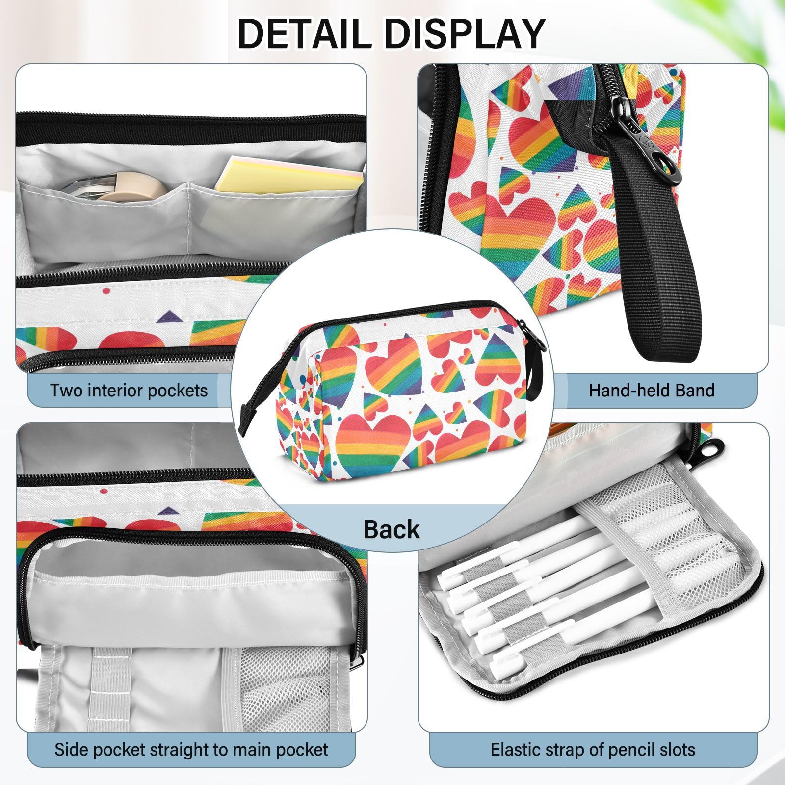 GAIGEO Rainbow Heart Pattern Pencil Pouch - Large Capacity School Supplies Organizer for Pens, Markers & Art Tools - Perfect for Students, Office & Travel Use