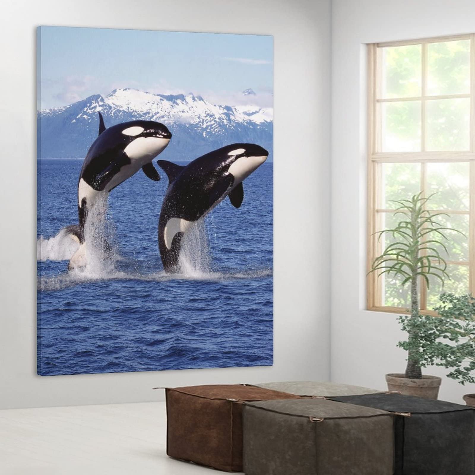 Orca Whale Canvas Wall Art - Set of 2 Framed Ocean Animal Prints (16x24 Inches) for Living Room, Bedroom & Office Decor | Ready to Hang Marine Life Paintings | Perfect for Coastal, Nautical & Nature-Themed Interiors
