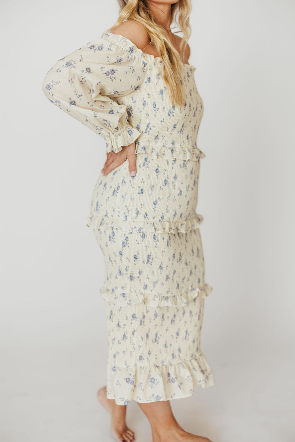 Chloe Maternity Midi Dress - Blue Bump Friendly Flowy Dress for Pregnancy, Baby Shower & Special Occasions