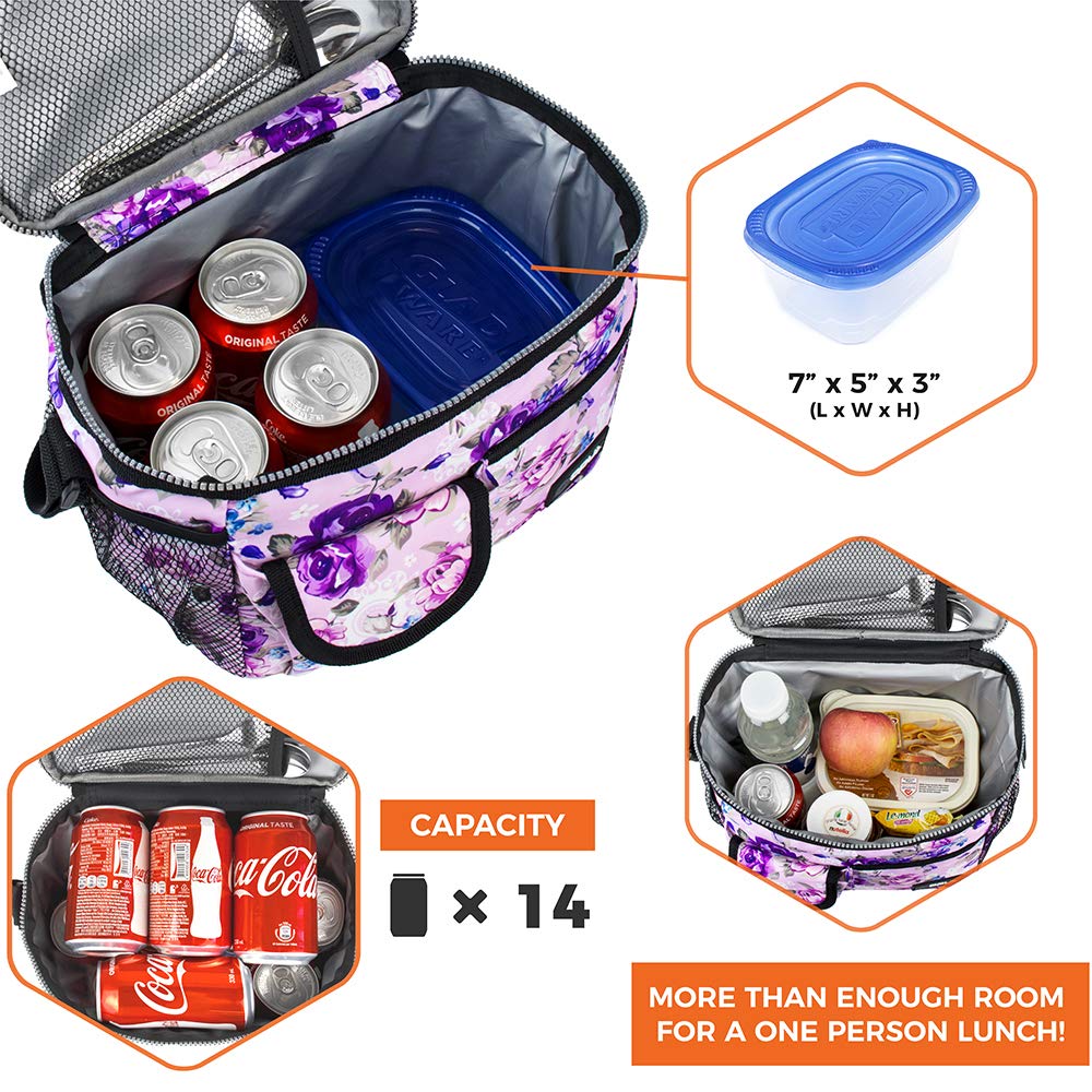 OPUX Insulated Lunch Bag for Men & Women - Leakproof Floral Purple Lunch Box for Work & School - Portable Soft Cooler Bag with Shoulder Strap - 14 Can/8L Capacity - Perfect for Office, Picnics & Outdoor Activities