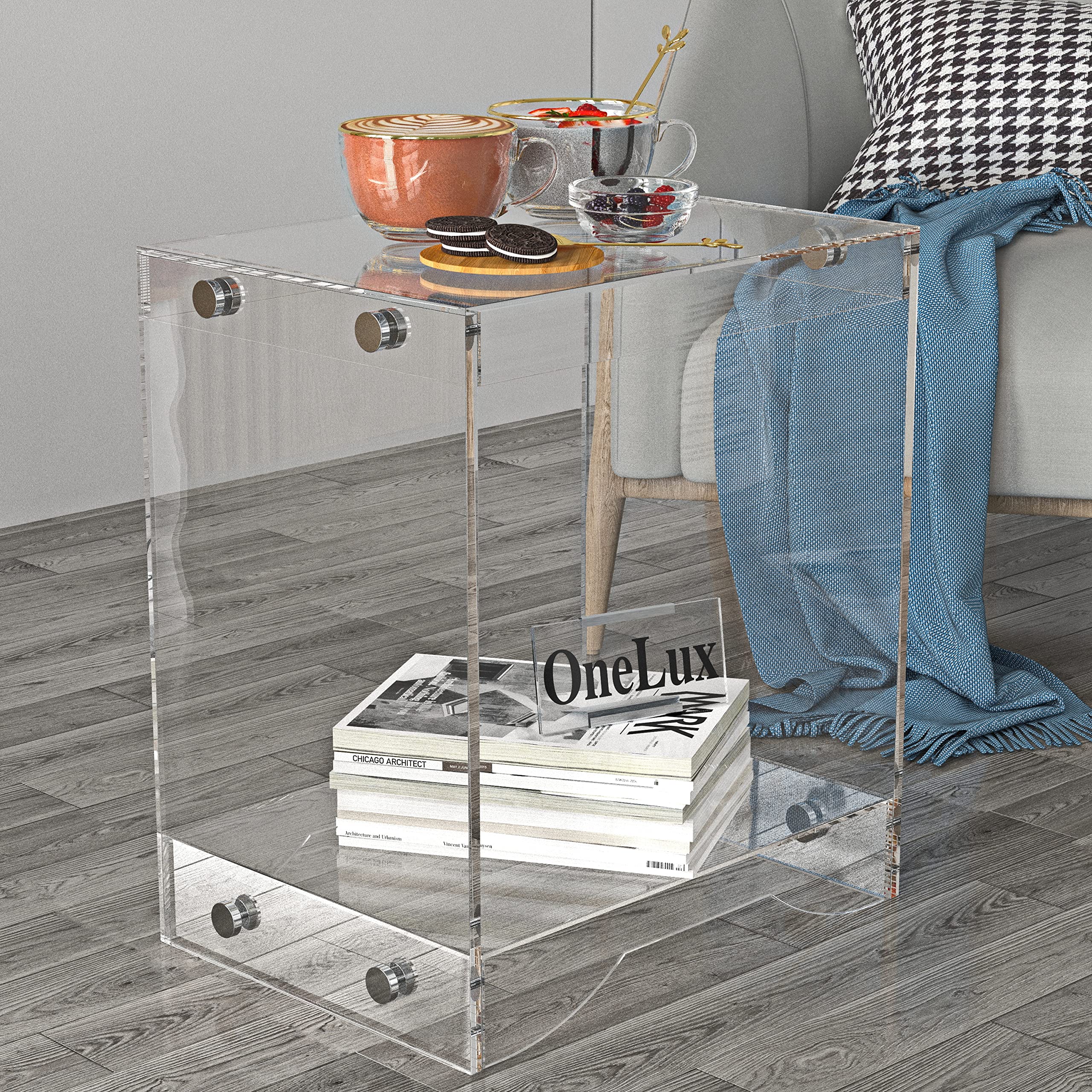 Modern Clear Acrylic Nightstand - Flat Packed Contemporary End Table for Bedroom Decor, 16.5