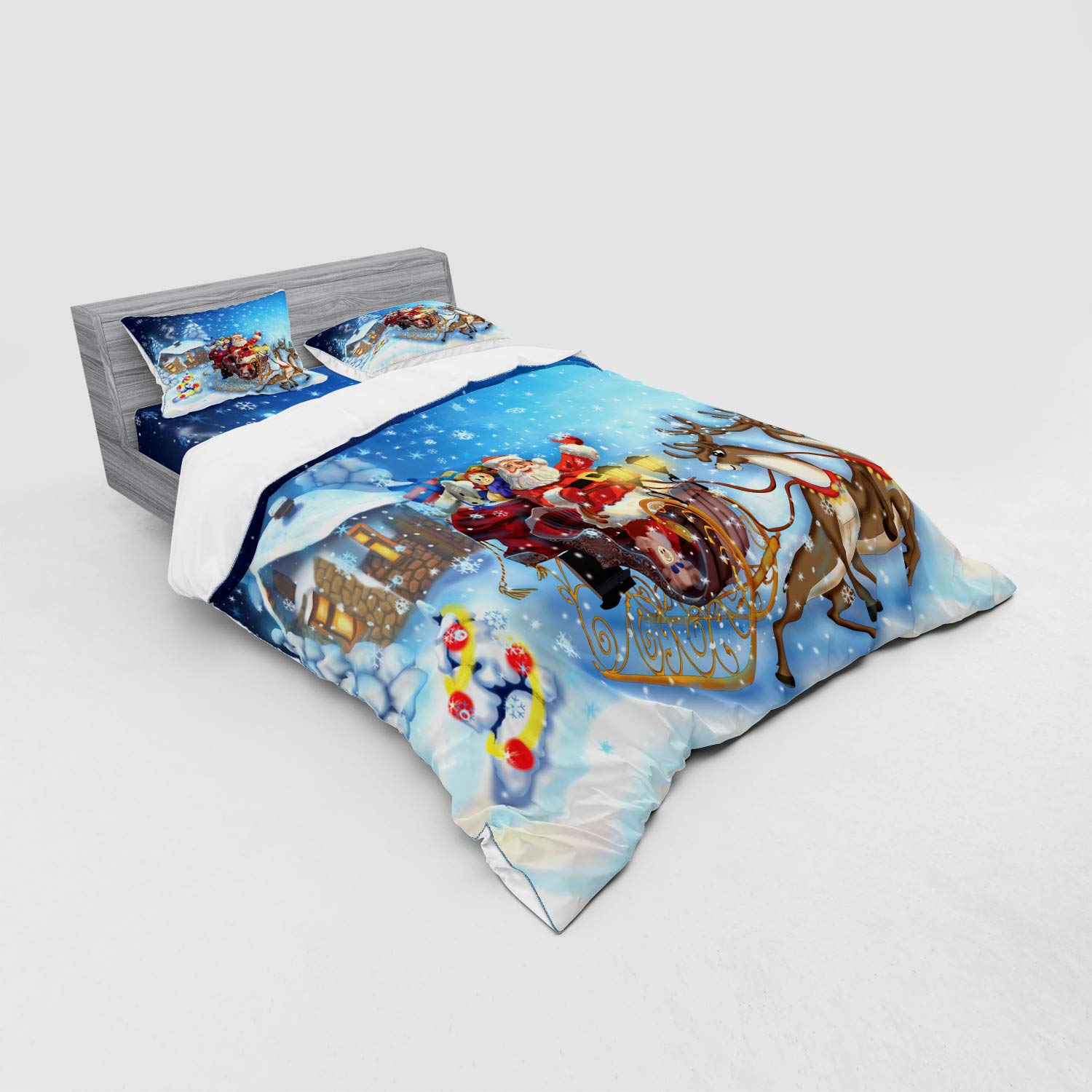 Ambesonne Christmas Duvet Cover Set - Santa in Sleigh with Reindeer & Toys, North Pole Fantasy Design, 4-Piece Bedding Set Includes Shams & Fitted Sheet, California King Size, Navy Blue - Perfect for Holiday Bedroom Decor & Winter Themed Guest Rooms