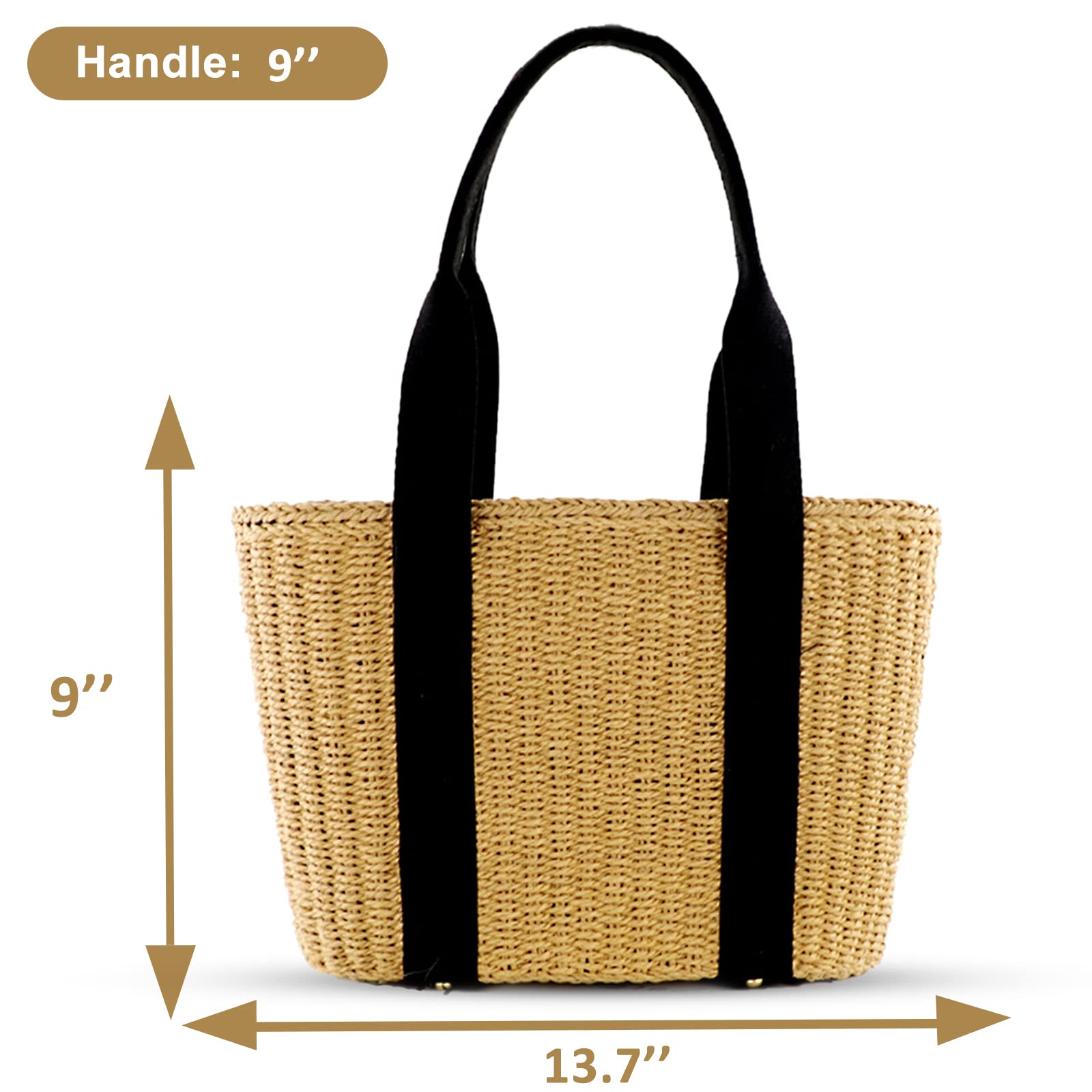 Straw Beach Bag for Women - Woven Handmade Shoulder Bag with Padded Canvas Straps, Large Vacation Travel Tote for Daily Use, Summer Outings & Shopping (Khaki)