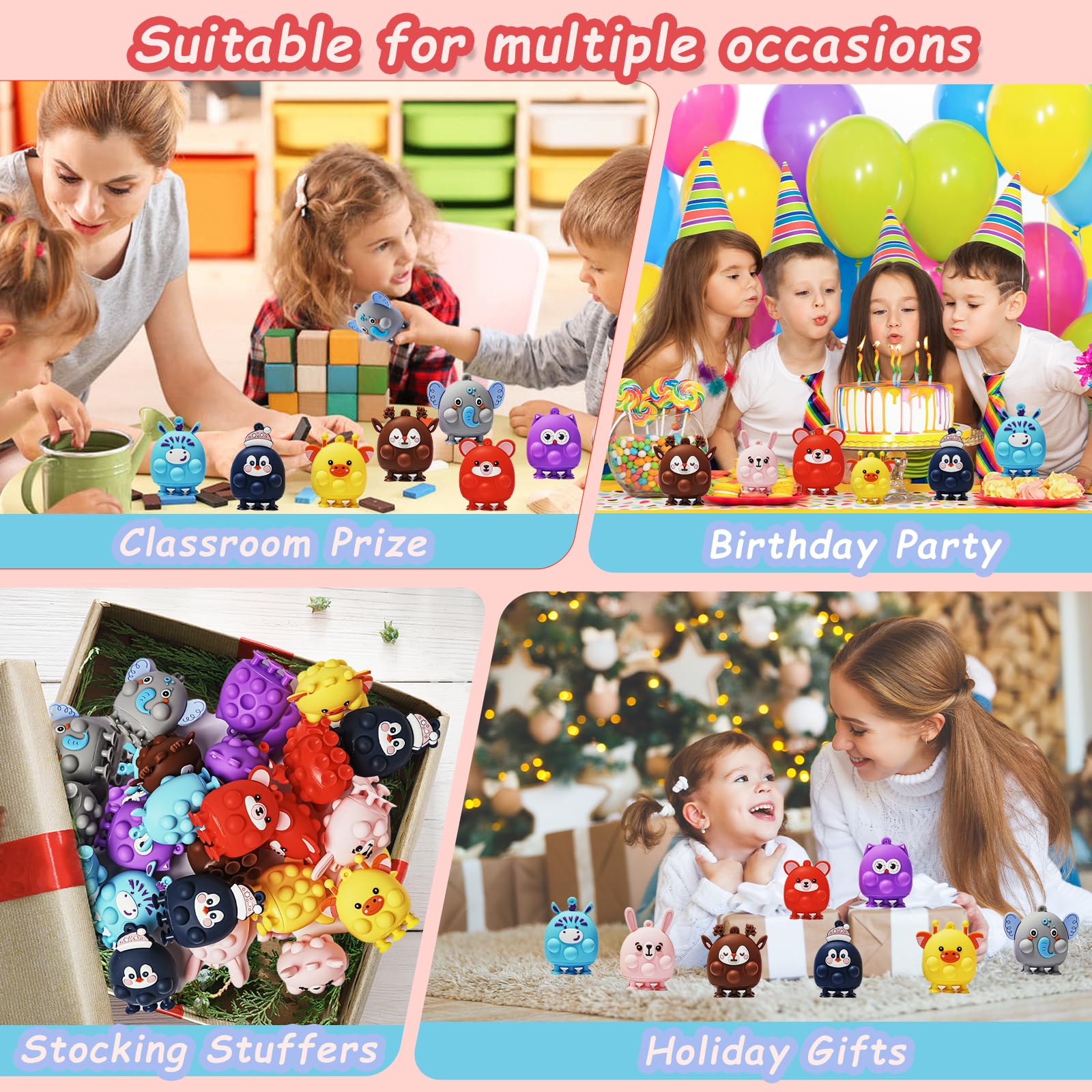 24 Pcs 3D Animal Pop Fidget Toys Bulk, Sensory Bath Suction Toys for Toddlers, Carnival Treasure Classroom Prizes, Stocking Stuffers, Birthday Party Favors for Kids, Perfect for Stress Relief and Sensory Play