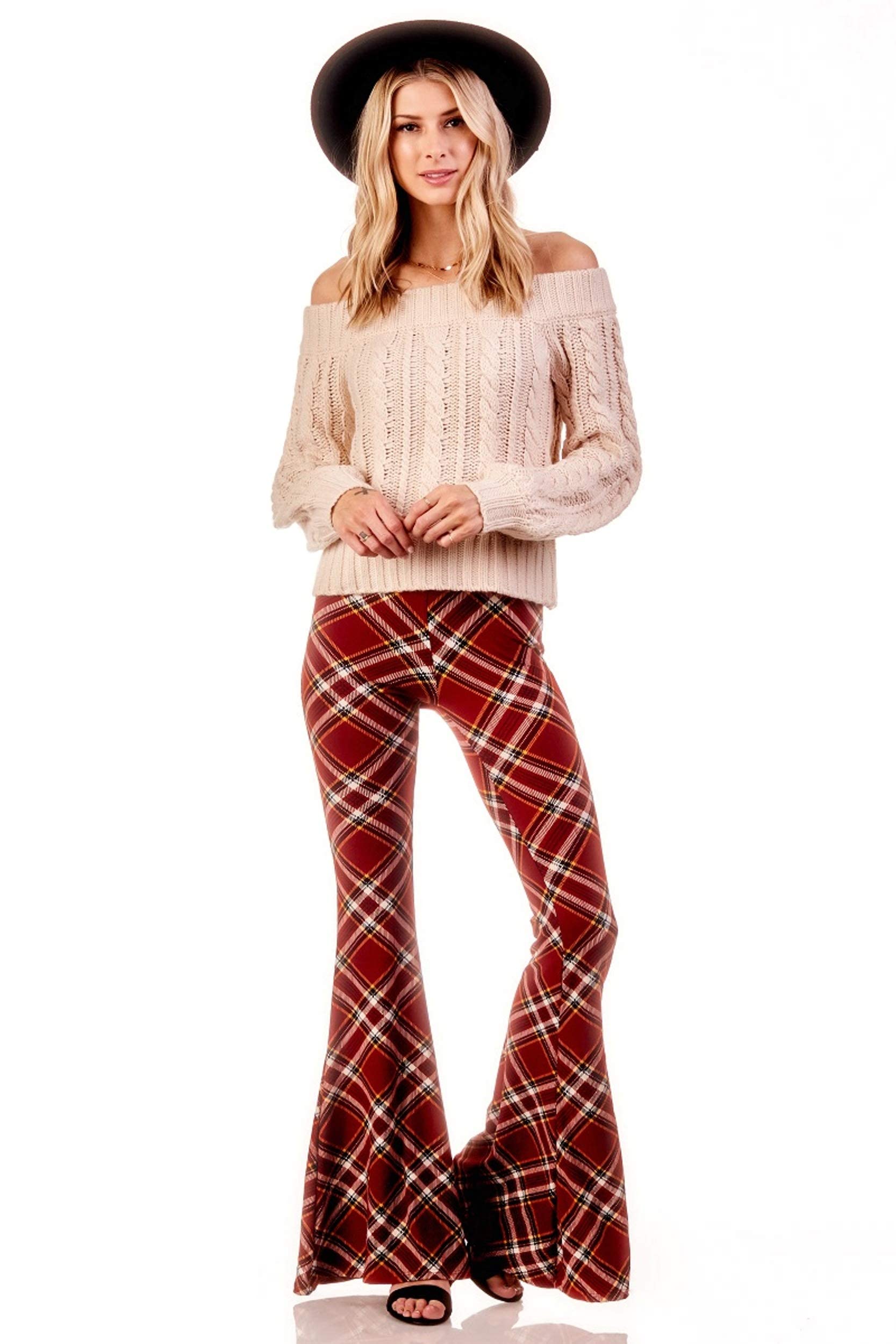 SWEETKIE Women's Boho Flare Pants - Elastic Waist Wide Leg Trousers | Stretchy Soft Solid & Printed Casual Pants | Perfect for Yoga, Travel and Boho Fashion Outfits