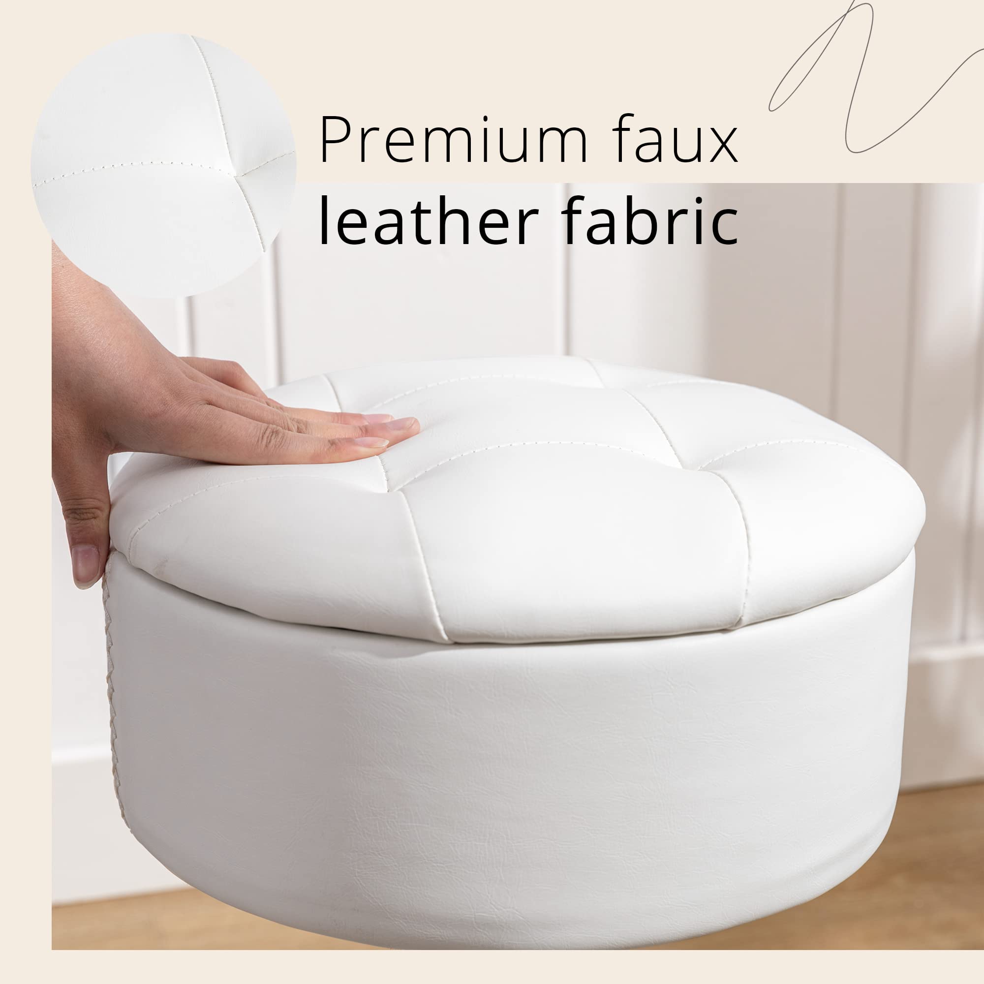 LUE BONA 360° Swivel Vanity Stool Chair with Storage - Adjustable Height Makeup Stool, Small White Faux Leather Stool for Bathroom, Living Room & Dressing Room - Perfect for Makeup, Reading & Relaxing