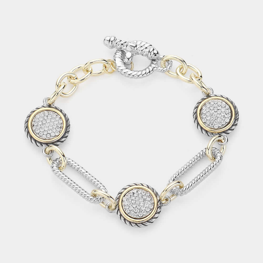 14K Gold Plated Two-Tone Stone Paved Disc Link Toggle Bracelet for Women - Elegant Adjustable Bangle for Party, Wedding & Everyday Wear