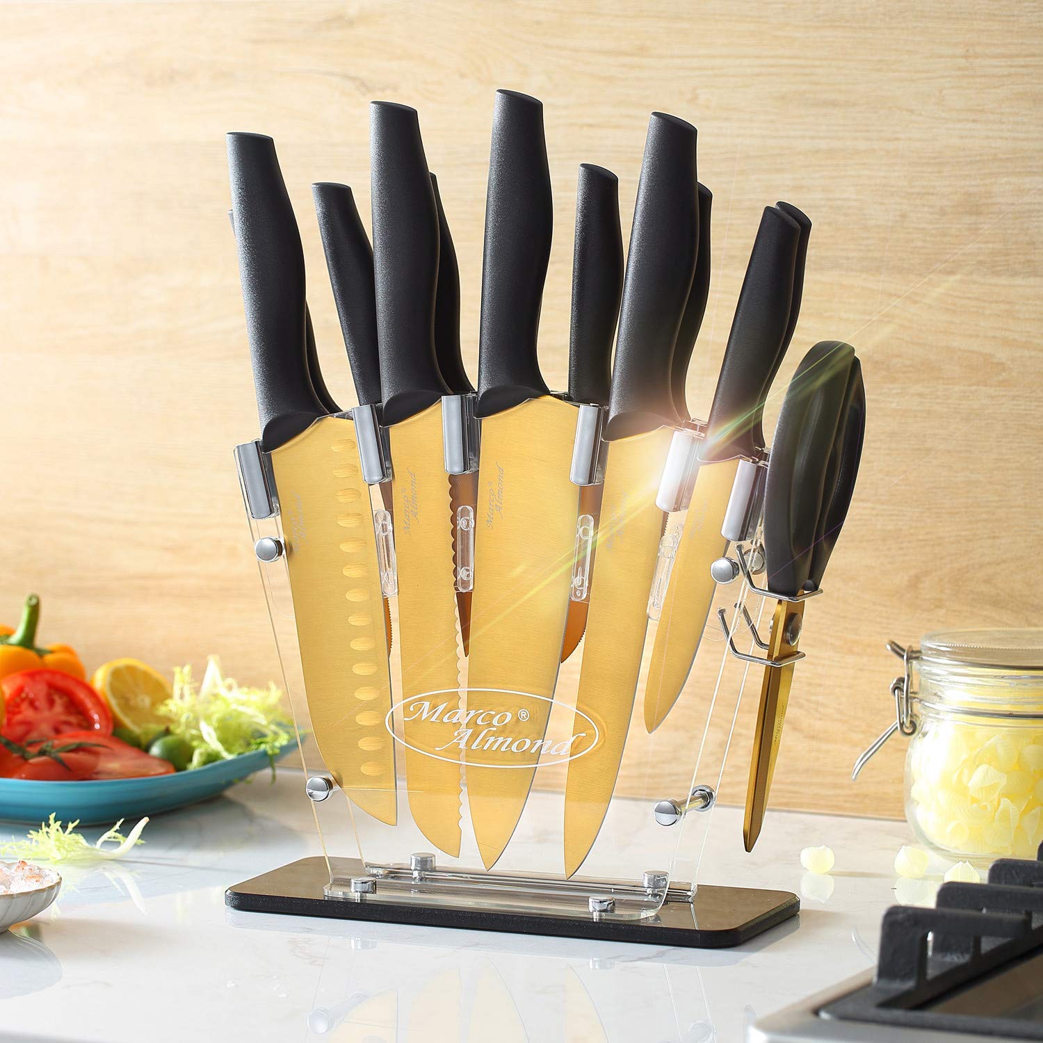 KYA23 14-Piece Golden Titanium Knife Set with Acrylic Stand - Premium Marco Almond MA21 Kitchen Knives for Slicing, Dicing & Chopping - Perfect for Home Chefs & Professional Cooking