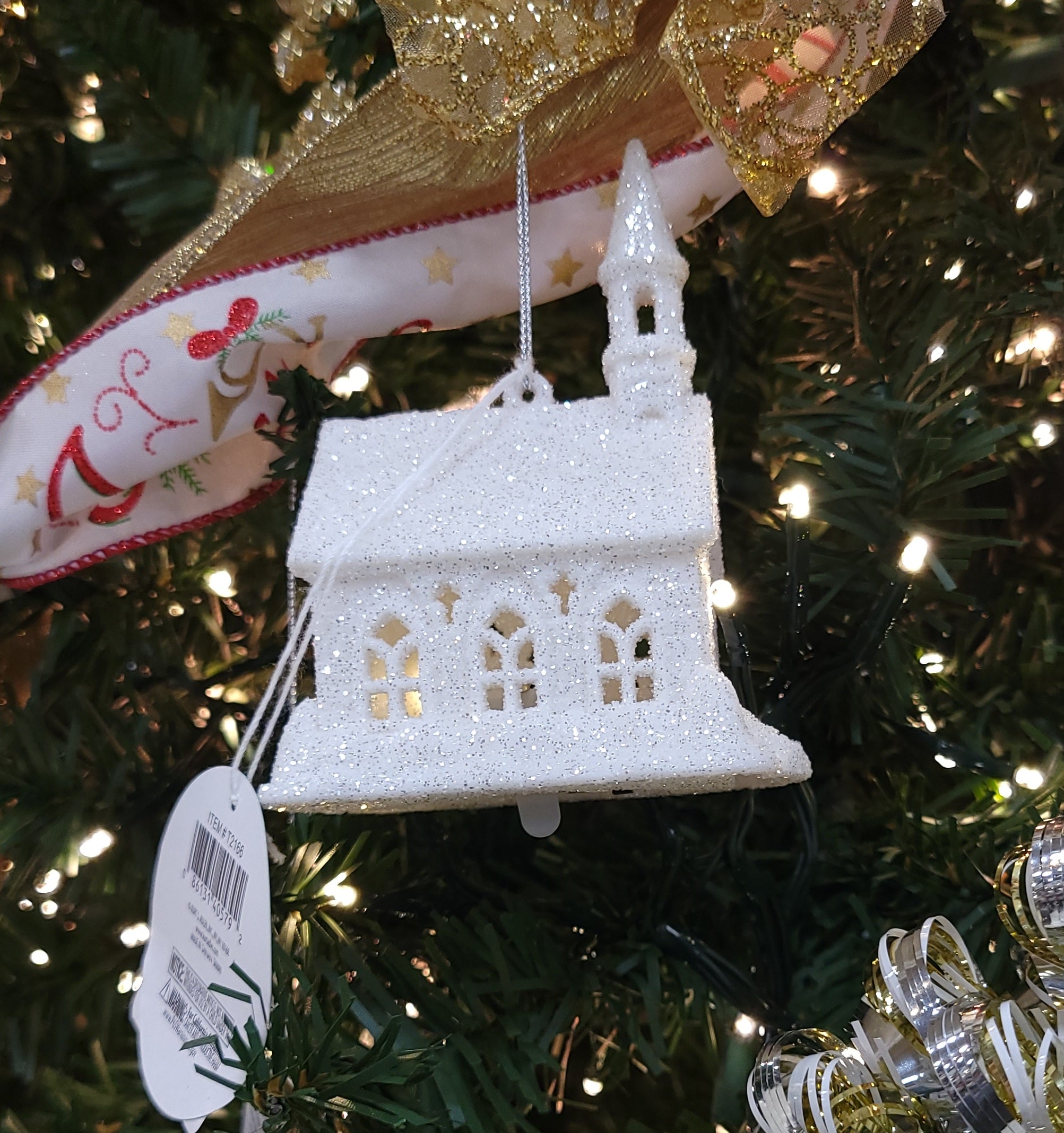4 Pack Battery Operated White Glitter LED Church Ornaments - Christmas Tree Decorations for Holiday, Wedding & Home Decor