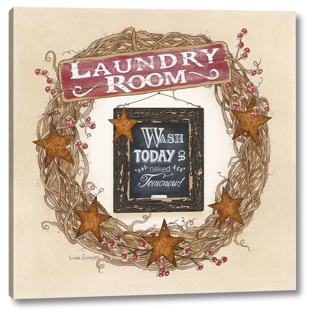 Laundry Room Wreath Wall Art - 16x16 Inch Canvas Print by Linda Spivey - Ready to Hang Home Decor for Laundry Room, Bathroom, Kitchen & Farmhouse Style
